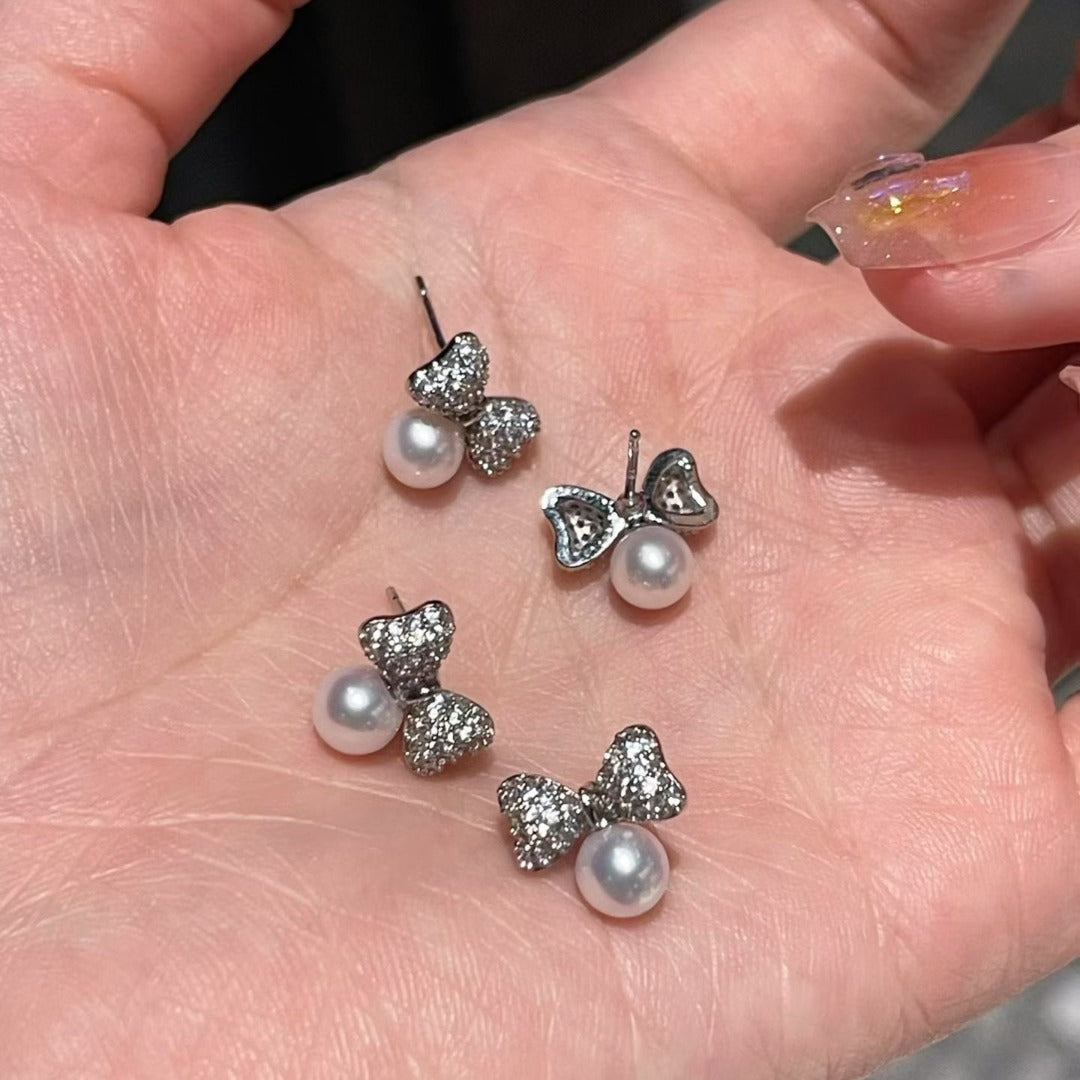 "Royal Pave Bow" Pearl Drop Earrings