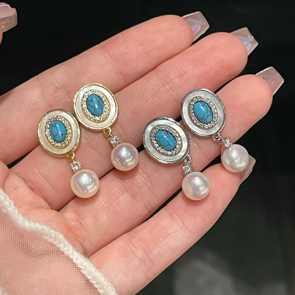 "Vintage Azure" Turquoise & Pearl Drop Earrings