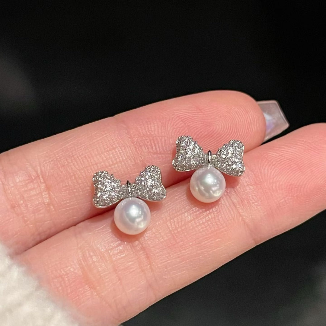 "Royal Pave Bow" Pearl Drop Earrings