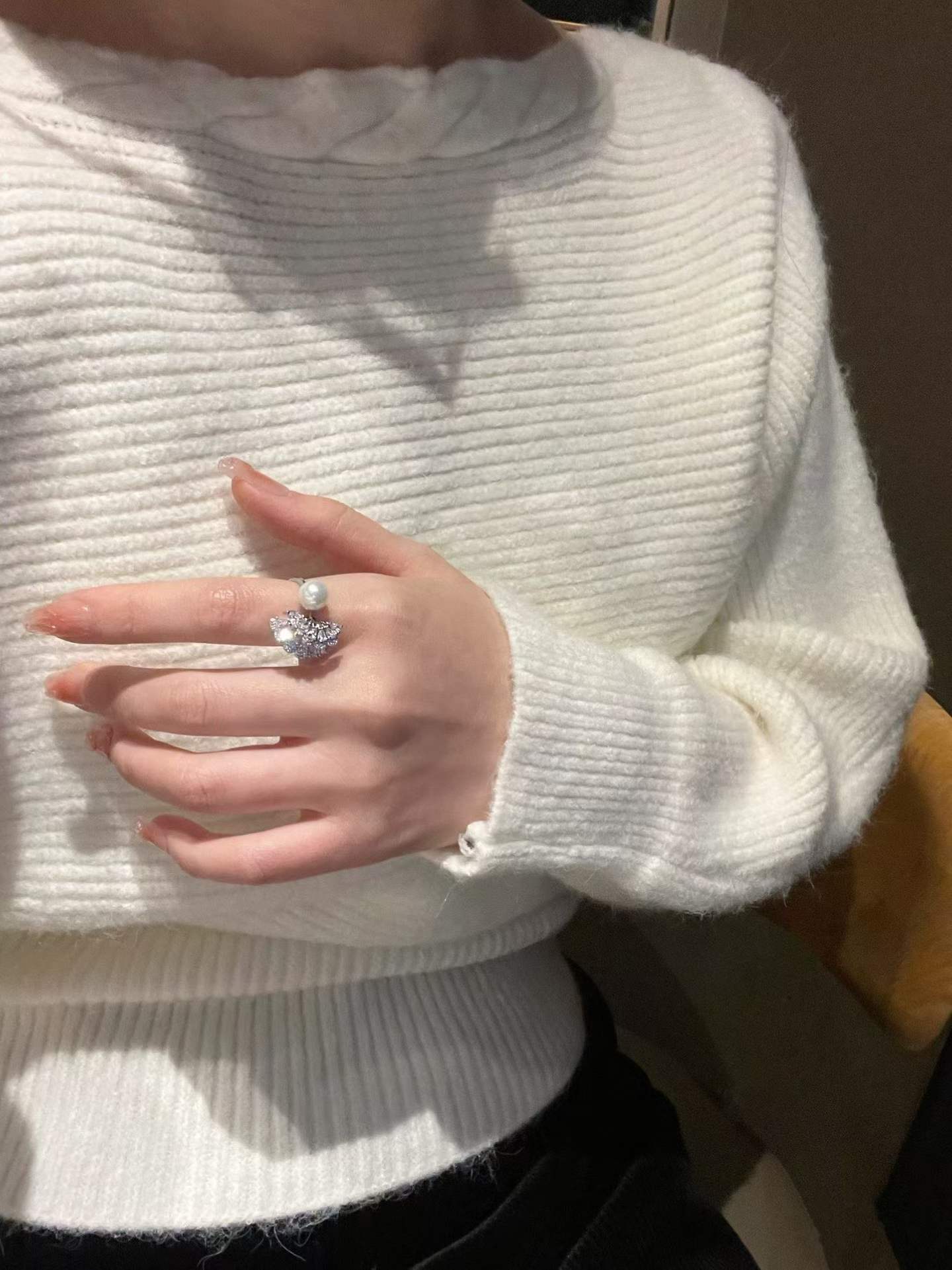 "Crystal Fan" Pearl Statement Open Ring