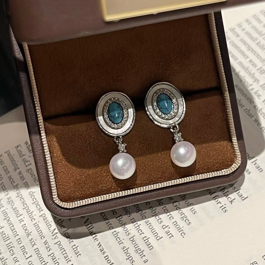 "Vintage Azure" Turquoise & Pearl Drop Earrings