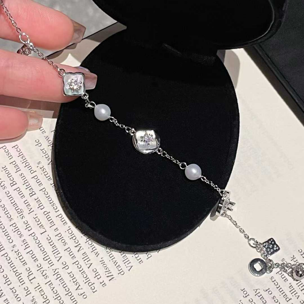 "Crystal Bloom" Delicate Pearl & Silver Bracelet