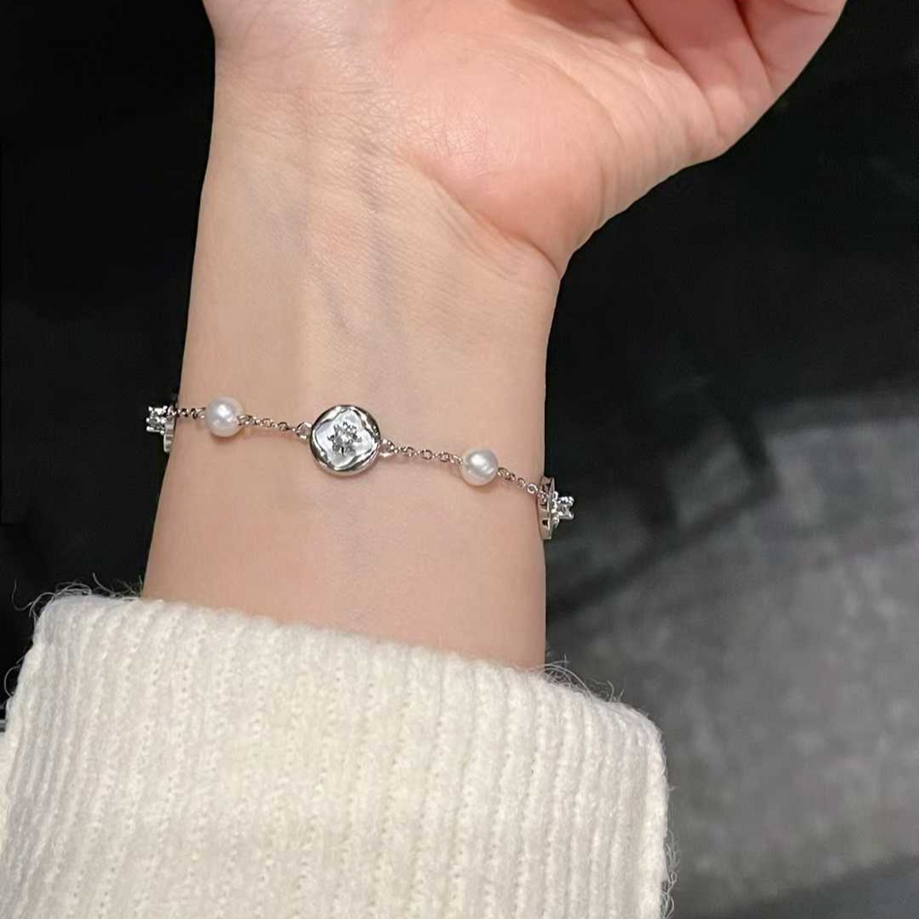 "Crystal Bloom" Delicate Pearl & Silver Bracelet
