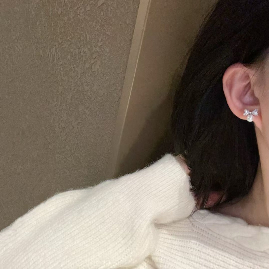 "Royal Pave Bow" Pearl Drop Earrings