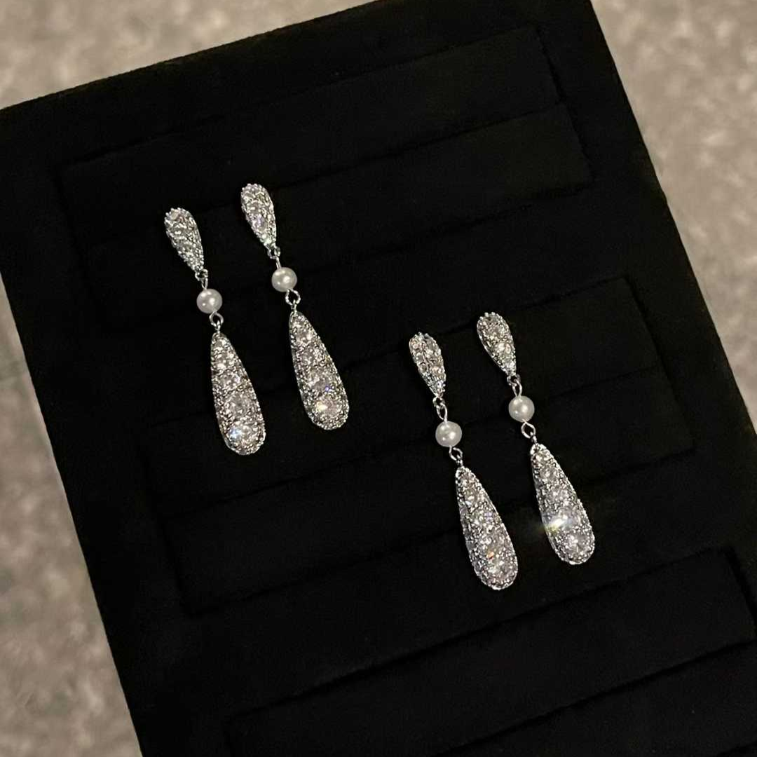 "Tears of Light" Pave Pearl Linear Drop Earrings