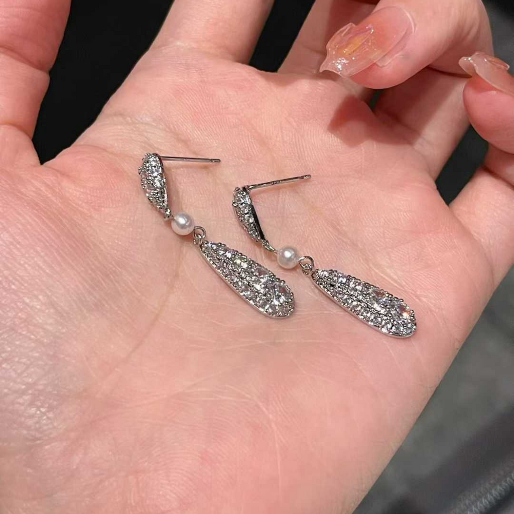 "Tears of Light" Pave Pearl Linear Drop Earrings