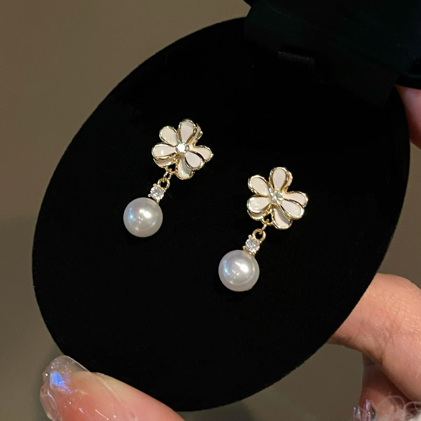 "Spring Blossom" Enamel Floral Pearl Drop Earrings
