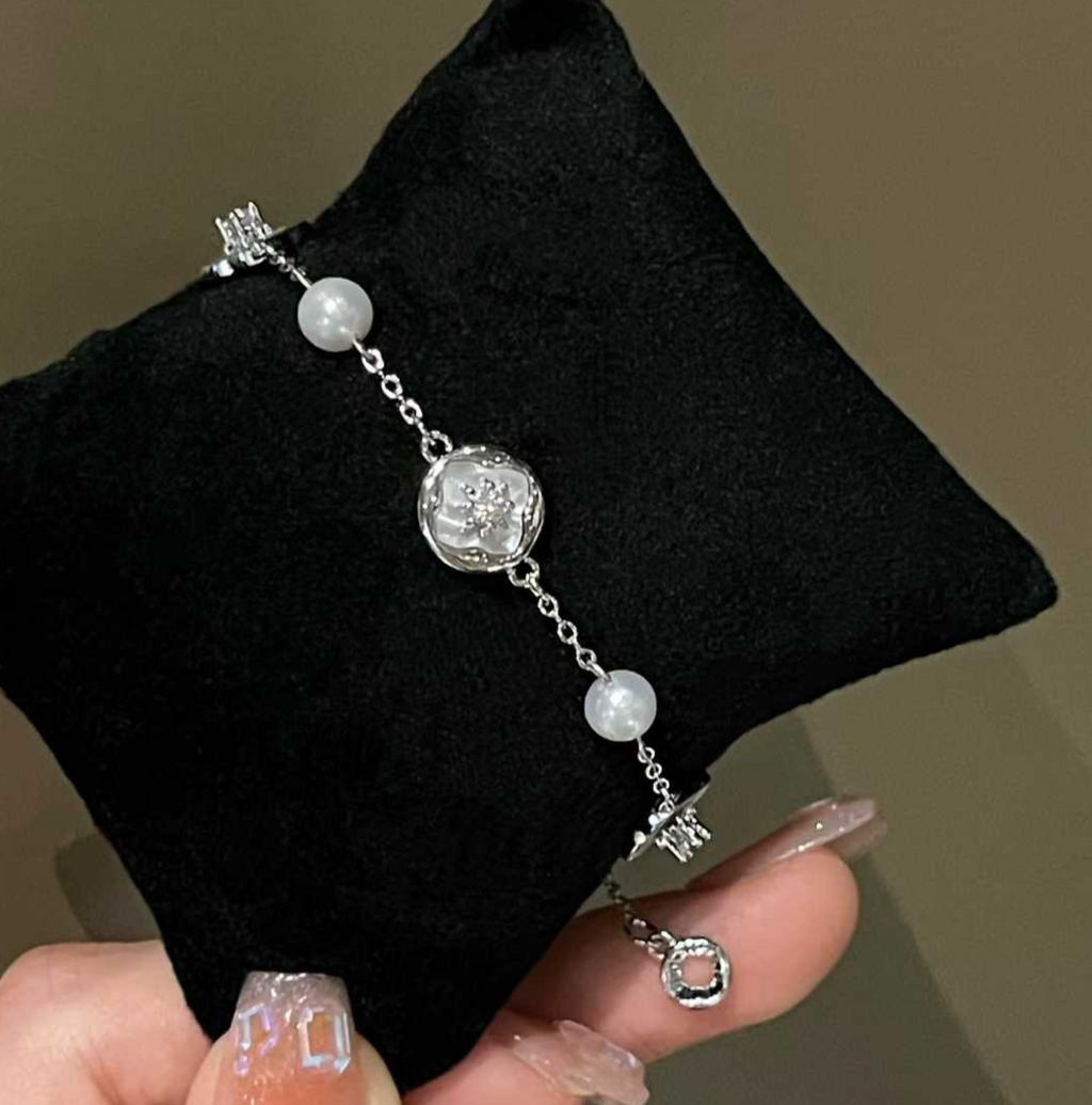 "Crystal Bloom" Delicate Pearl & Silver Bracelet