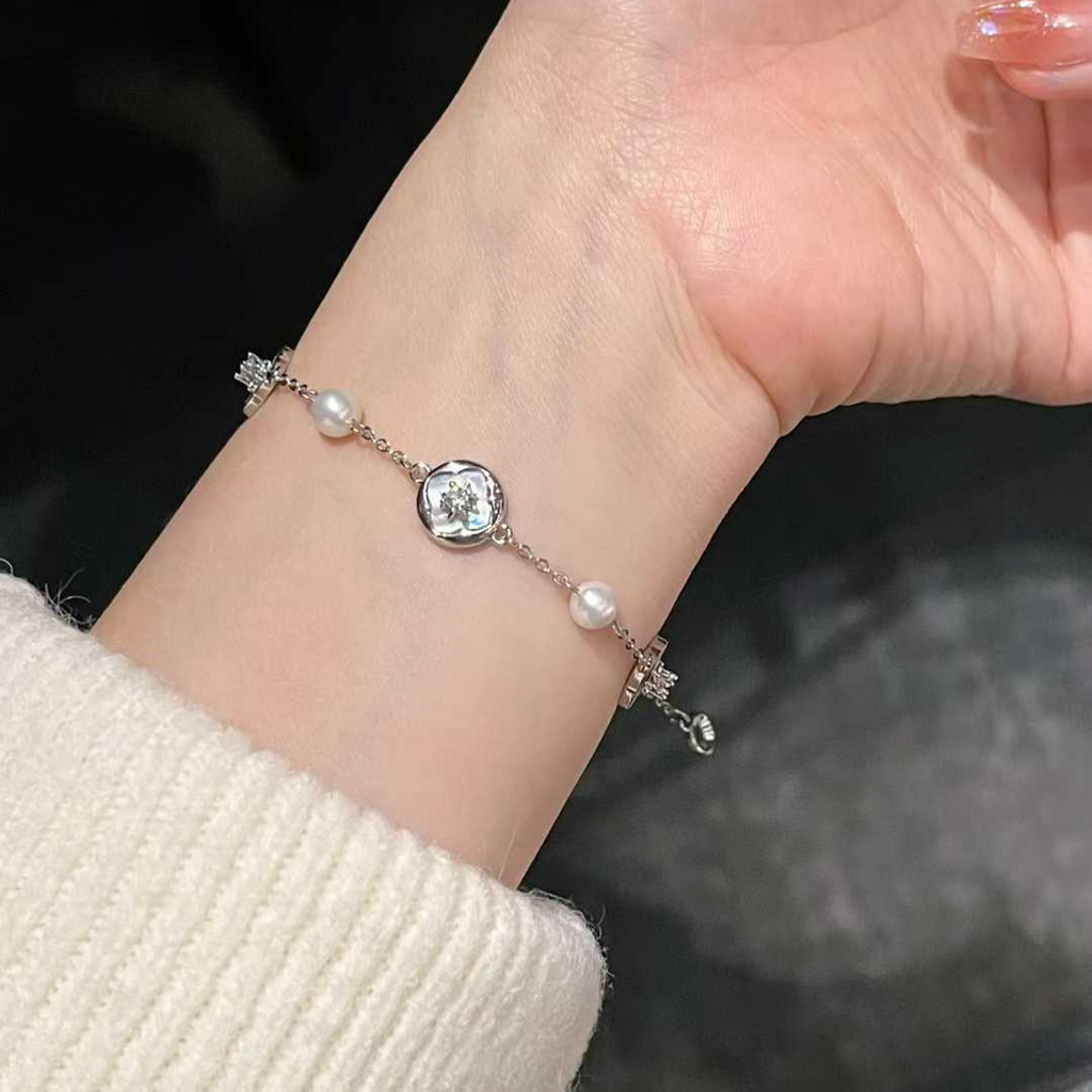 "Crystal Bloom" Delicate Pearl & Silver Bracelet