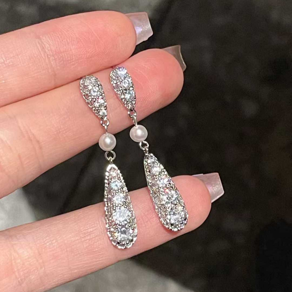 "Tears of Light" Pave Pearl Linear Drop Earrings