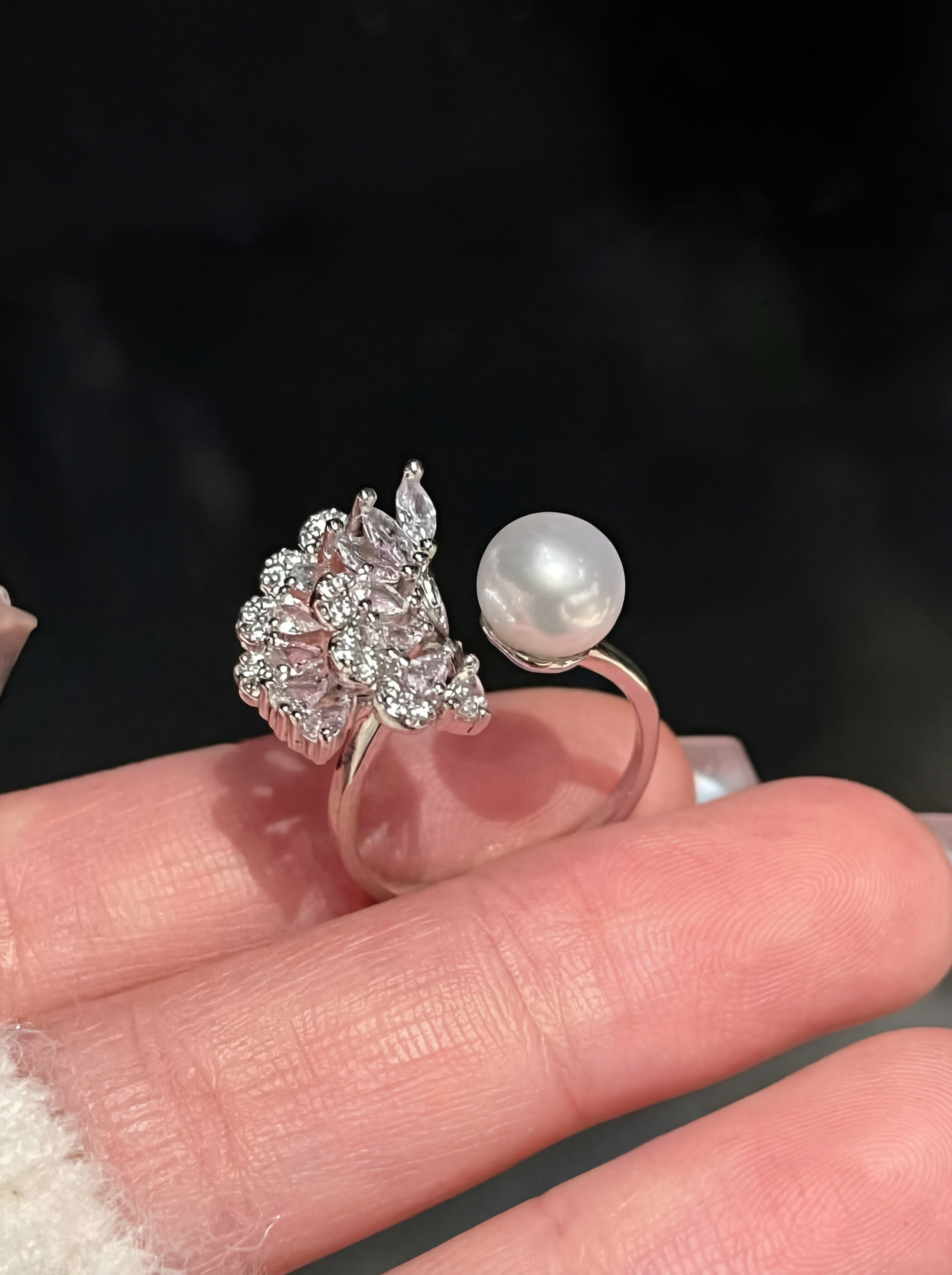 "Crystal Fan" Pearl Statement Open Ring