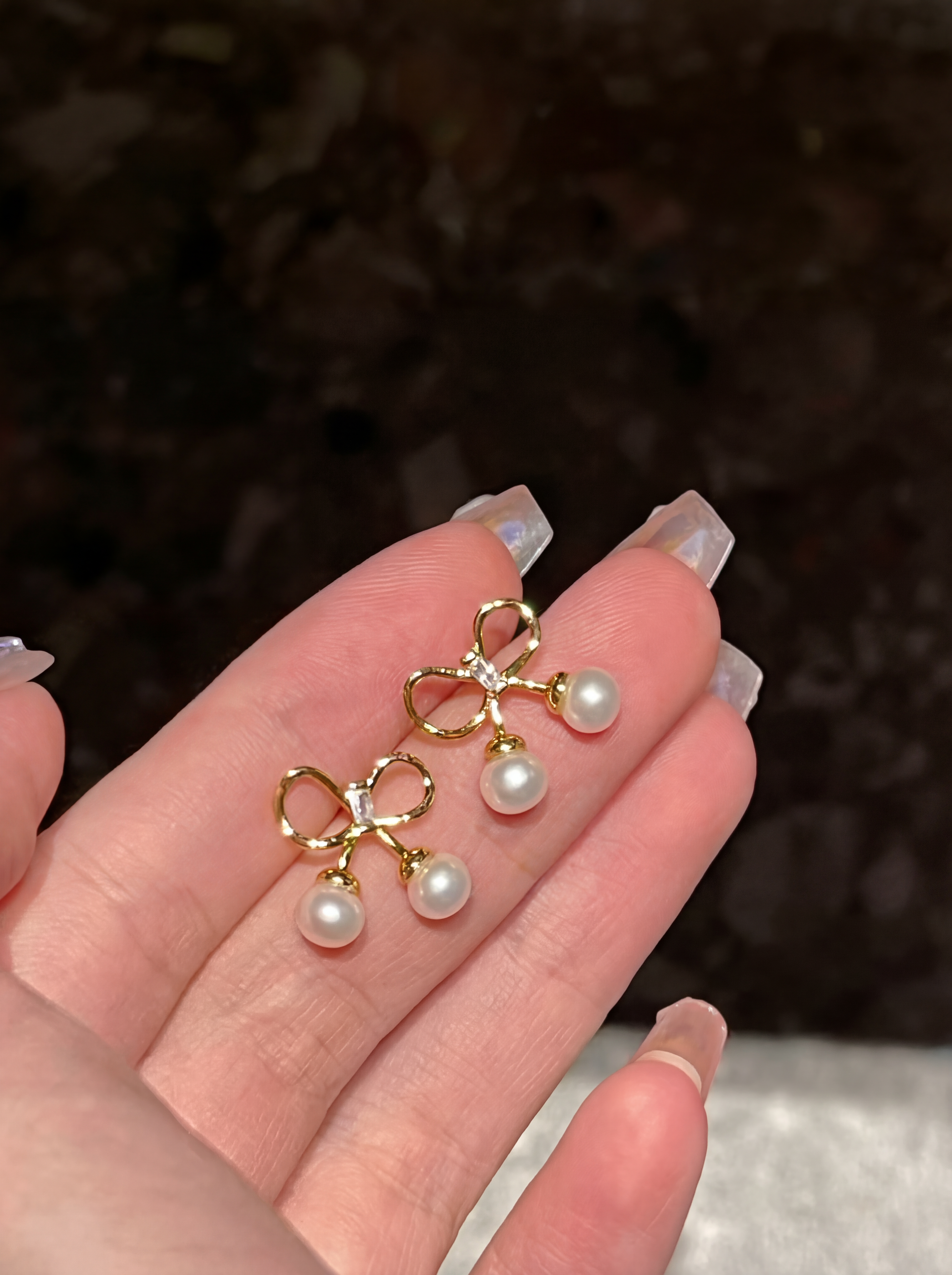 "Petite Golden Ribbon" Pearl Drop Earrings