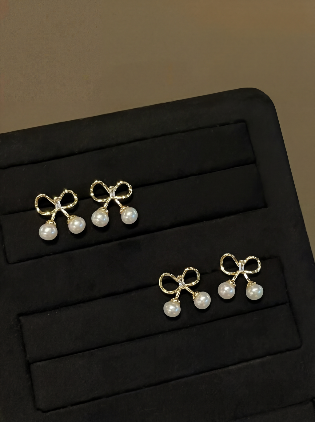 "Petite Golden Ribbon" Pearl Drop Earrings