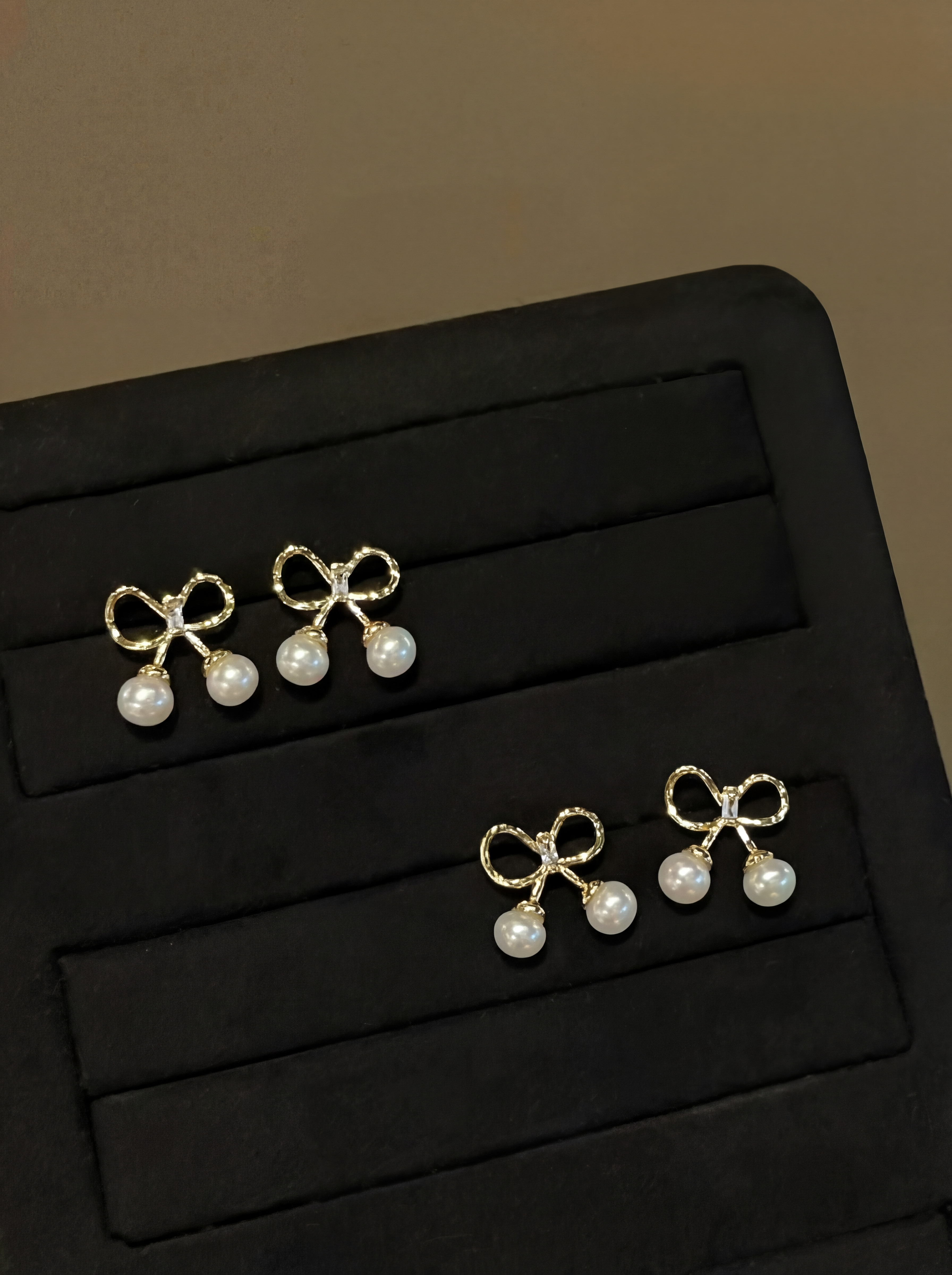 "Petite Golden Ribbon" Pearl Drop Earrings