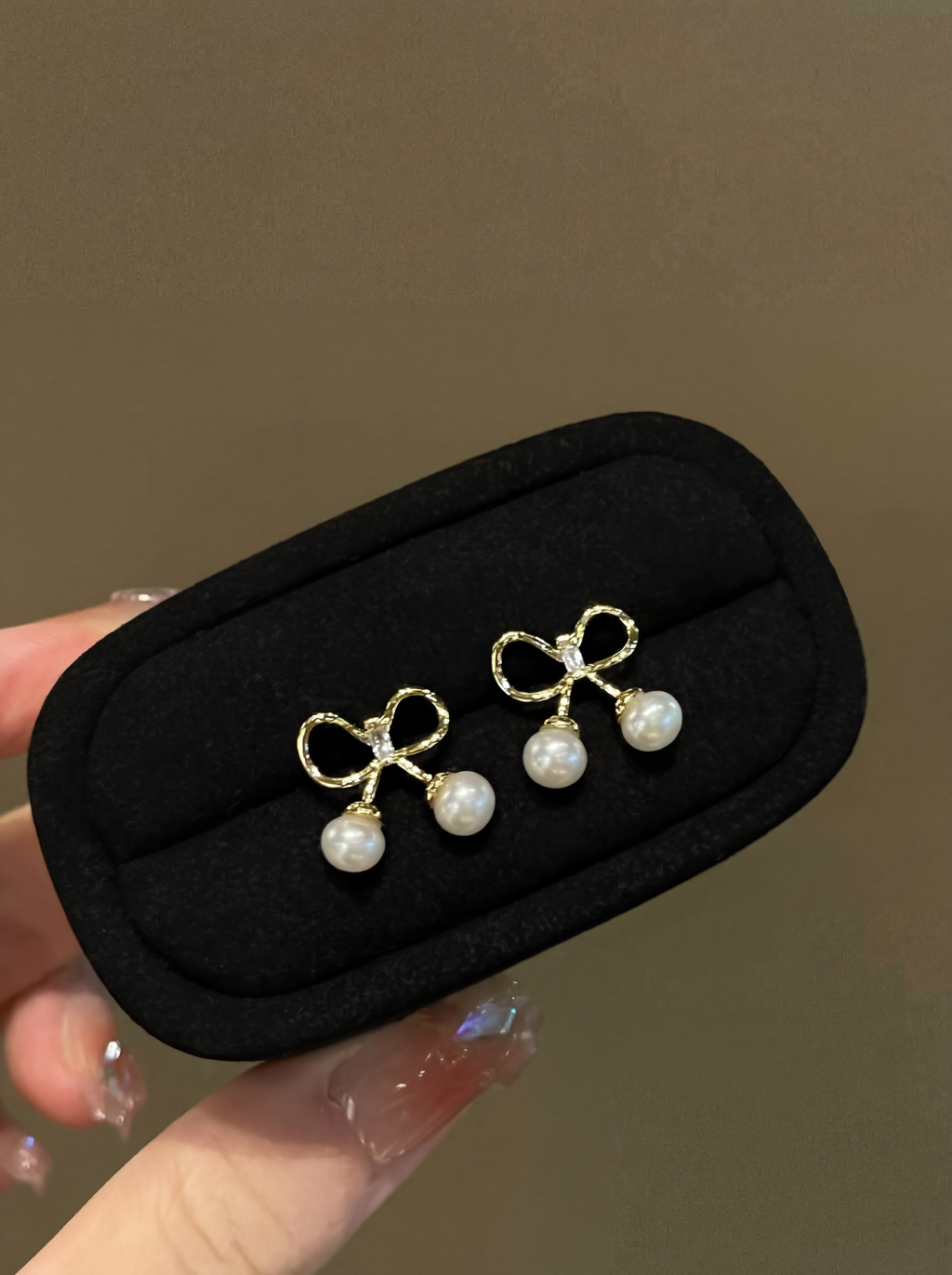"Petite Golden Ribbon" Pearl Drop Earrings