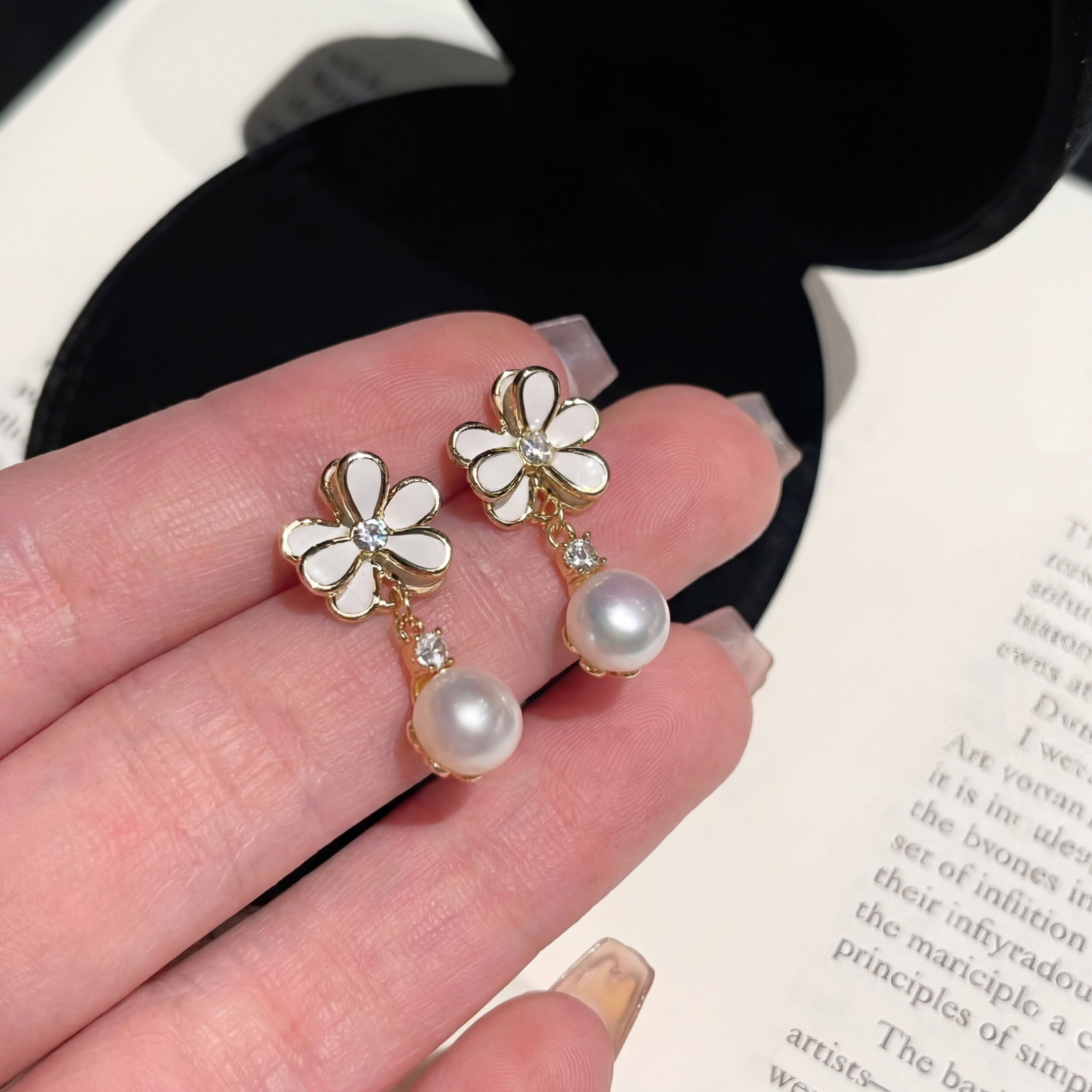 "Spring Blossom" Enamel Floral Pearl Drop Earrings