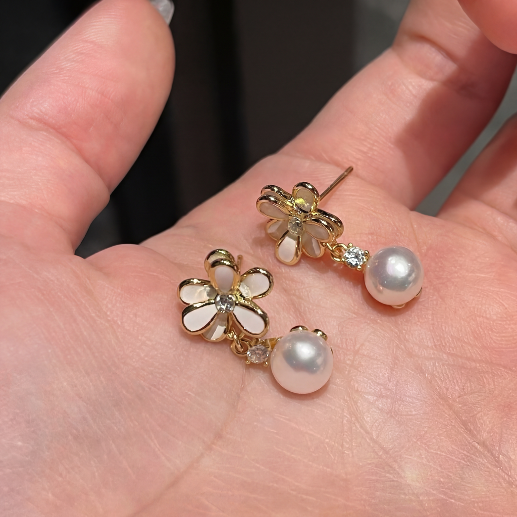 "Spring Blossom" Enamel Floral Pearl Drop Earrings