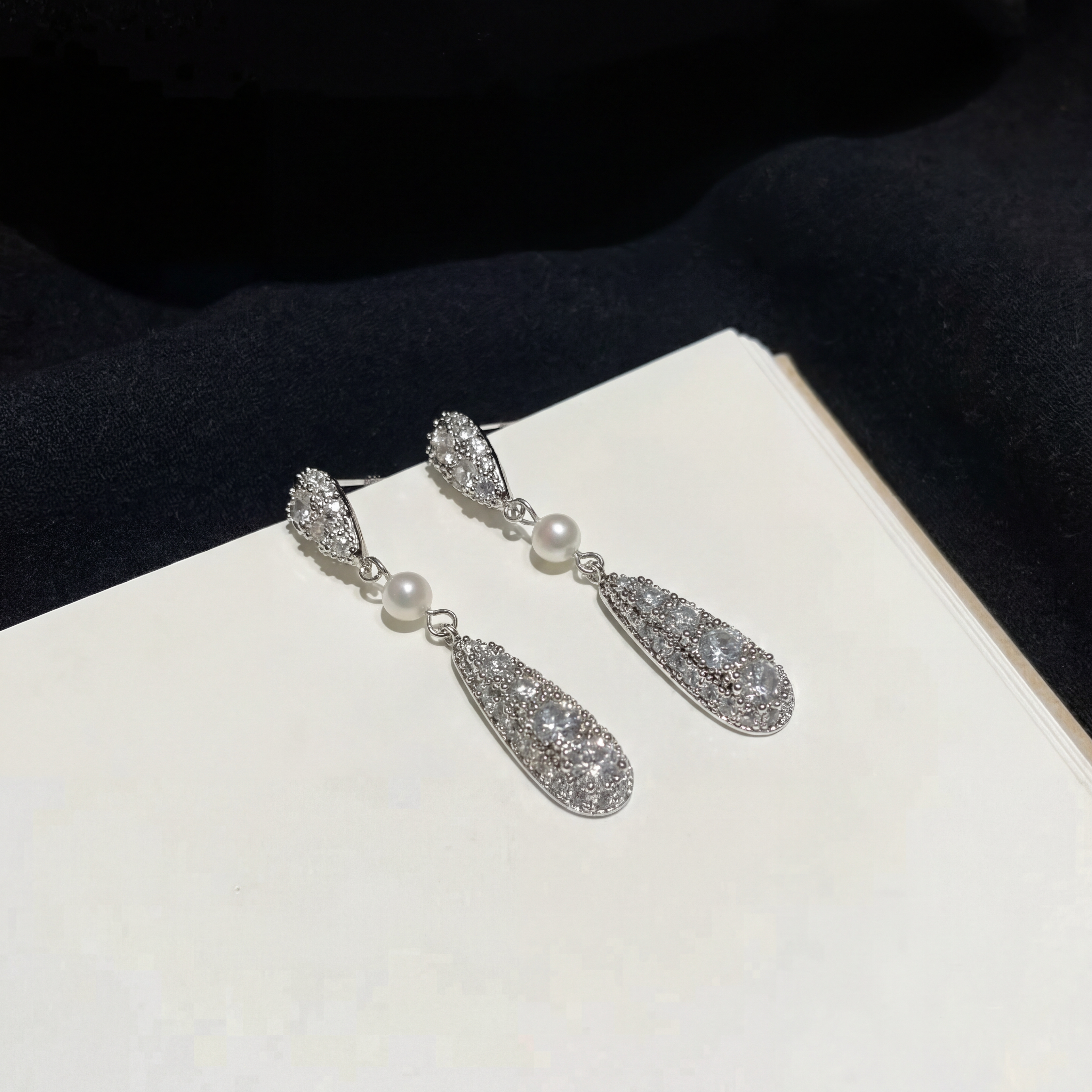 "Tears of Light" Pave Pearl Linear Drop Earrings