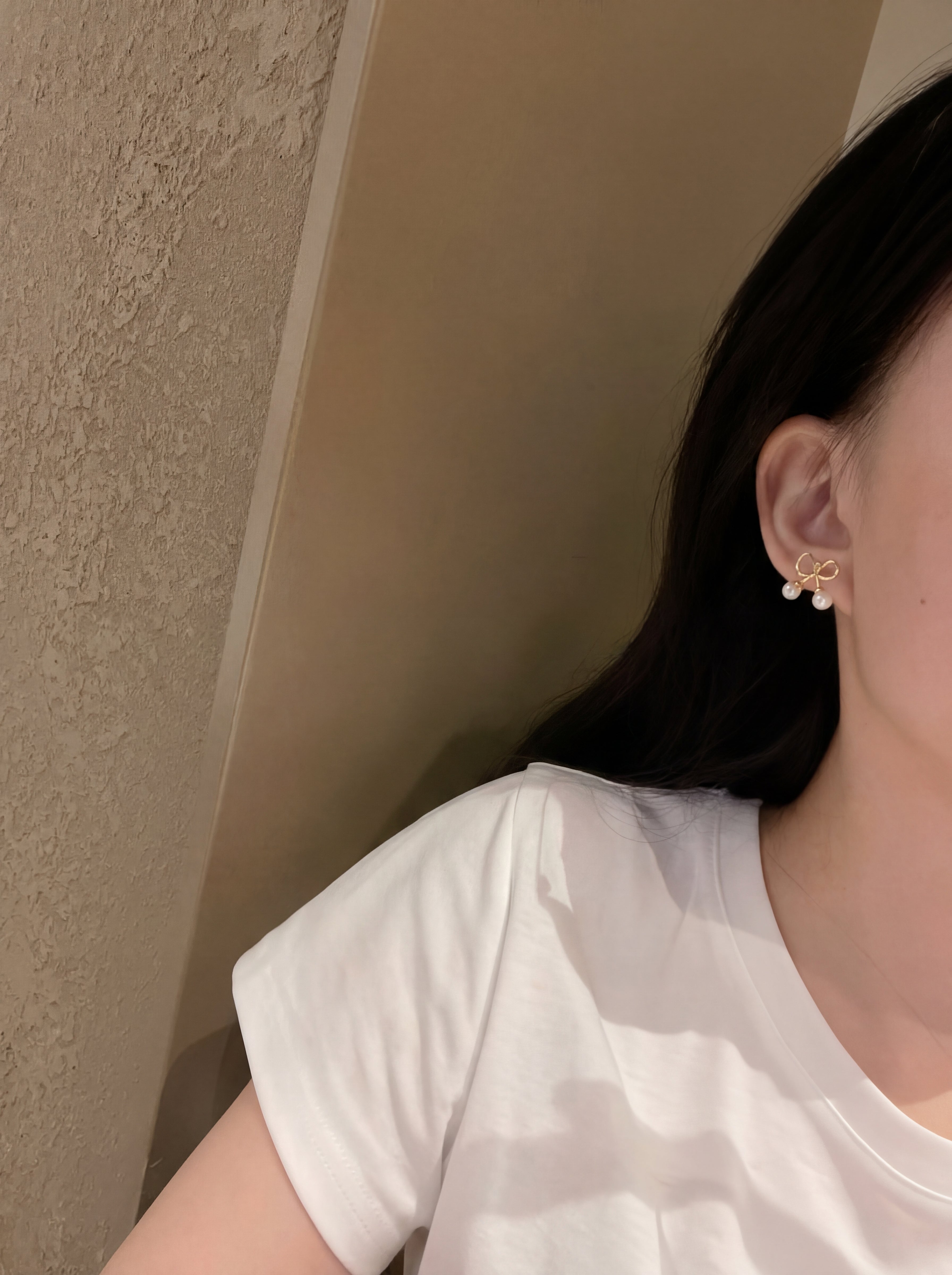 "Petite Golden Ribbon" Pearl Drop Earrings