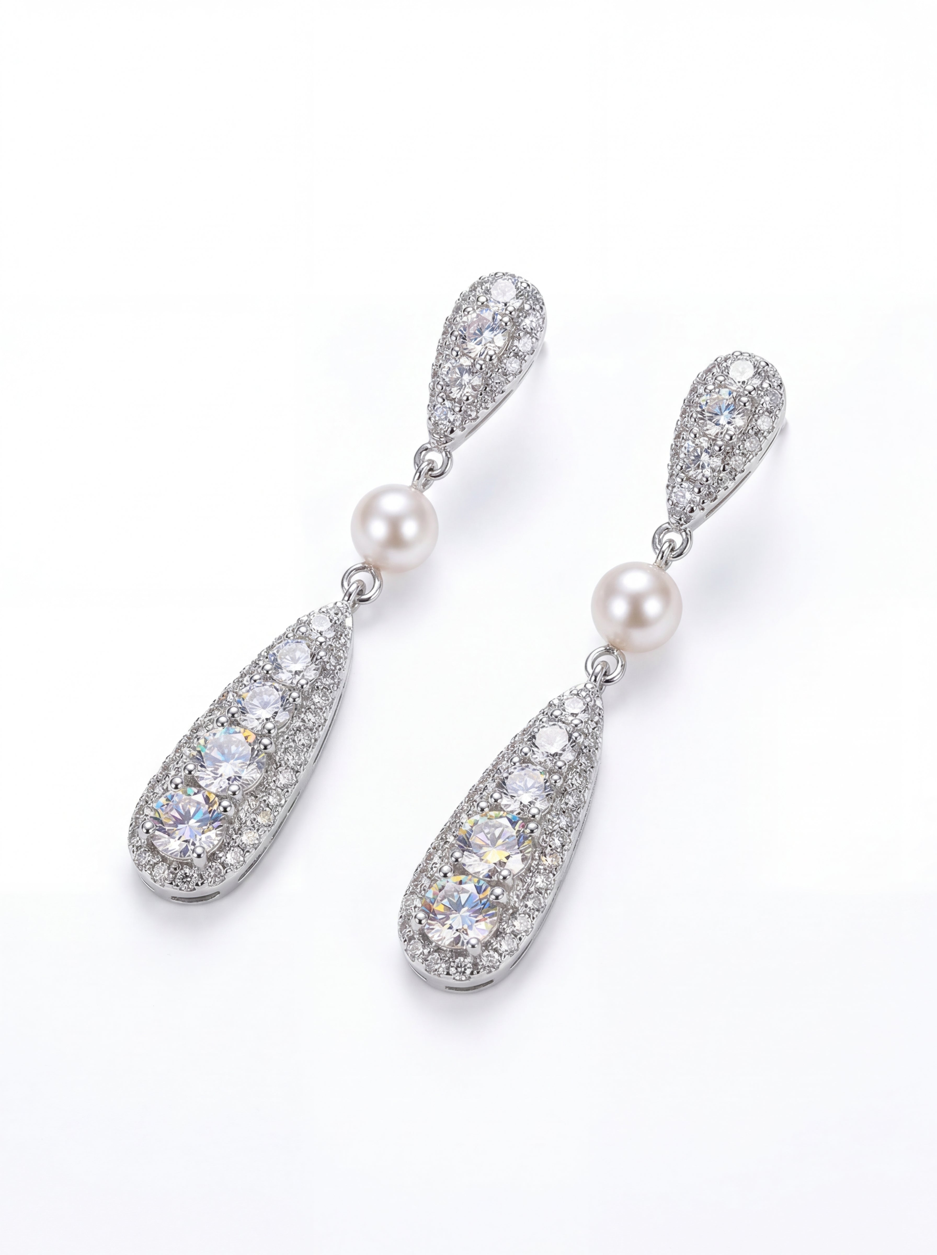 "Tears of Light" Pave Pearl Linear Drop Earrings