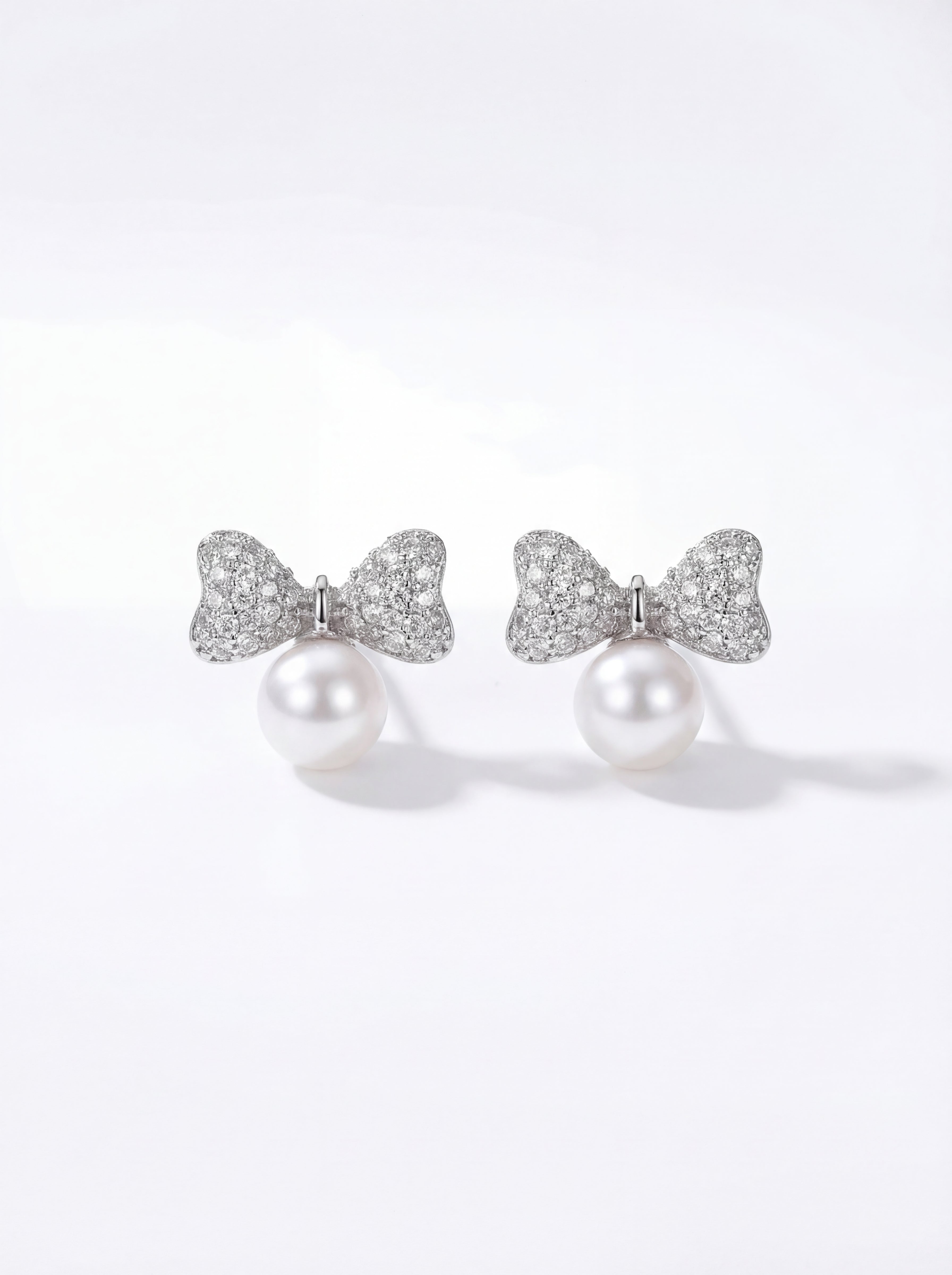 "Royal Pave Bow" Pearl Drop Earrings