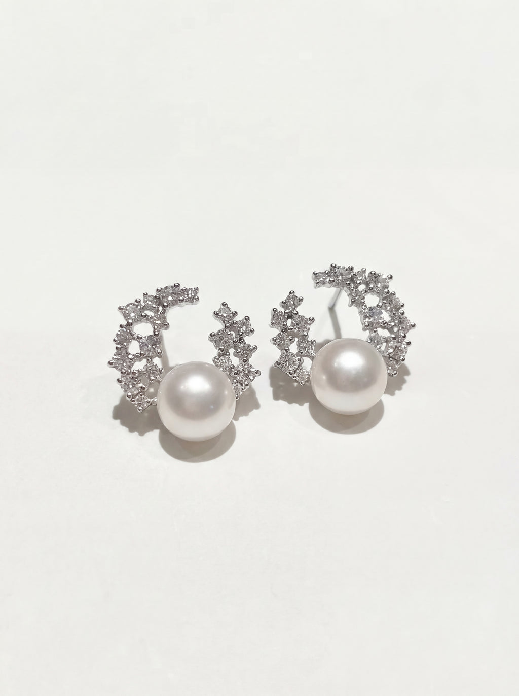 "Starlight Crescent" Pave Pearl Stud Earrings