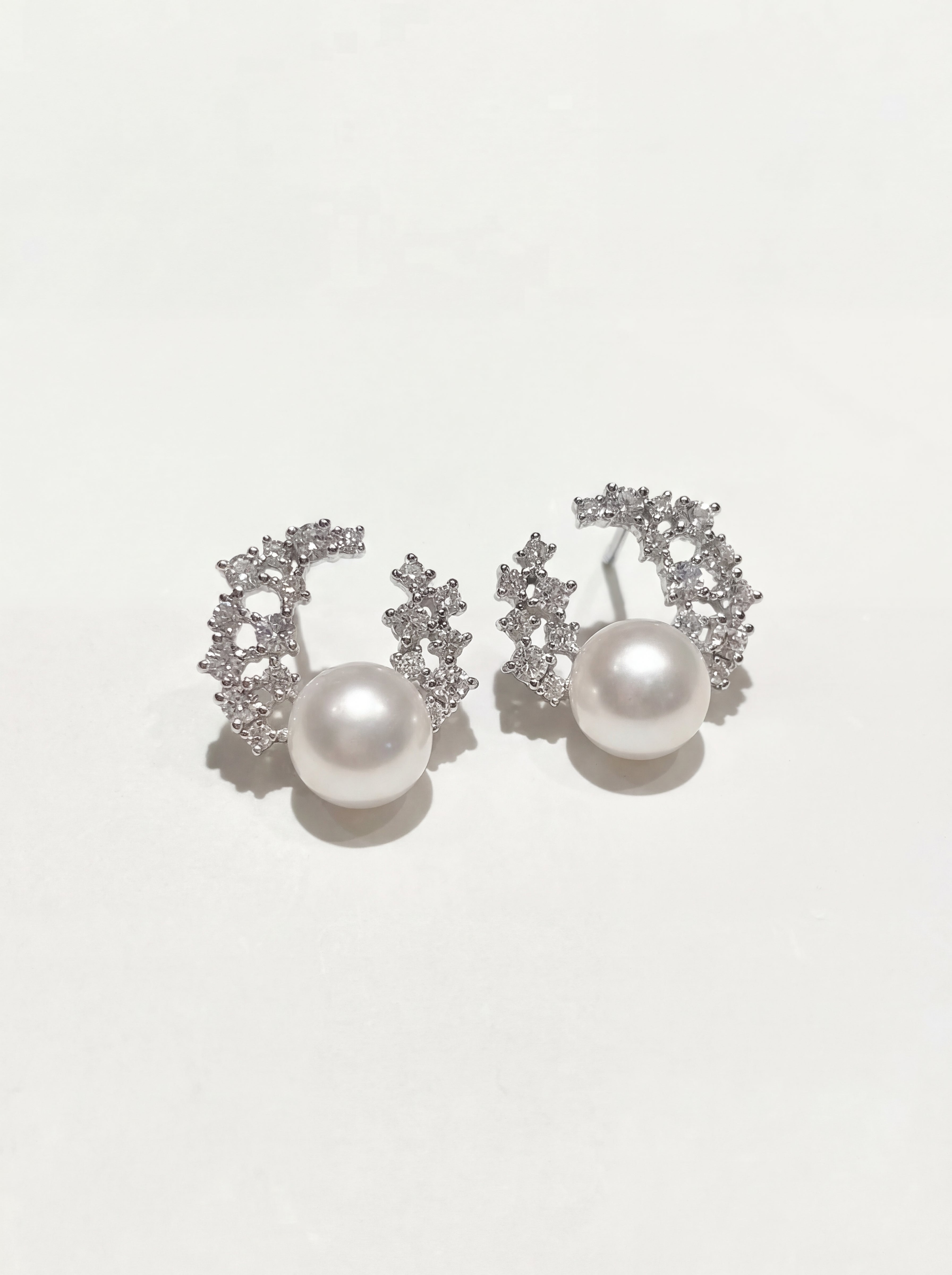 "Starlight Crescent" Pave Pearl Stud Earrings