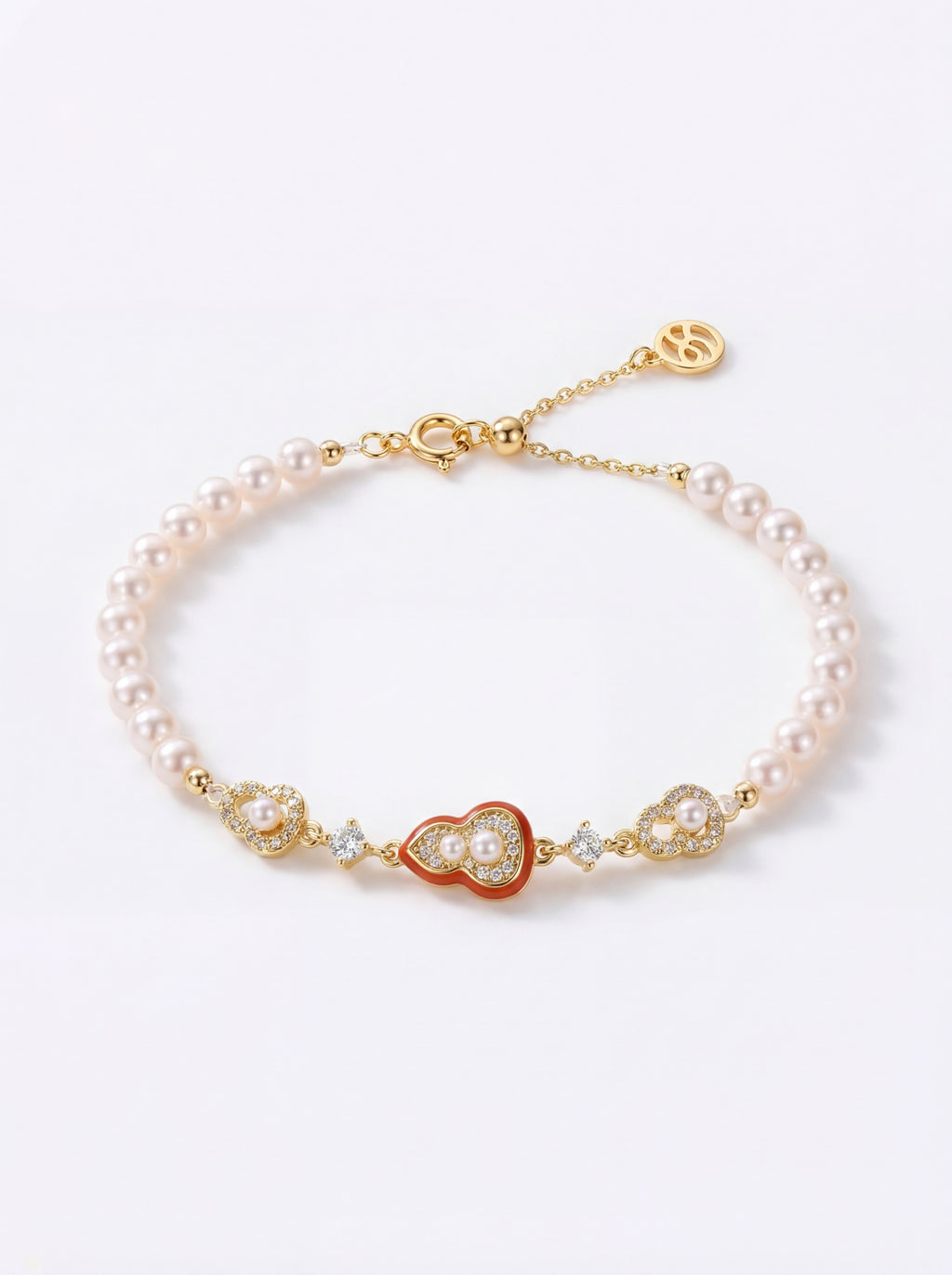 "Crimson Luck" Pearl & Enamel Charm Bracelet