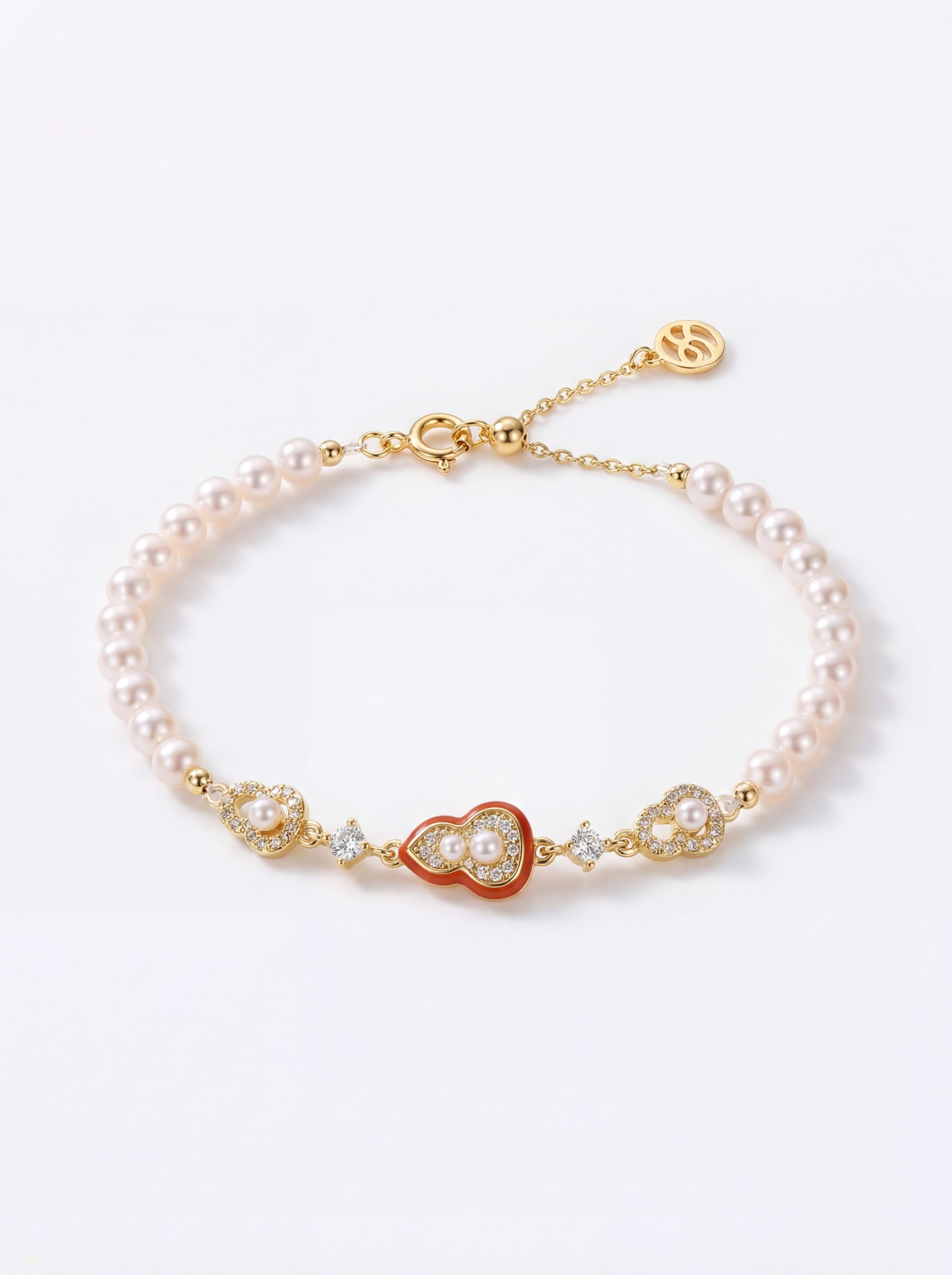 "Crimson Luck" Pearl & Enamel Charm Bracelet