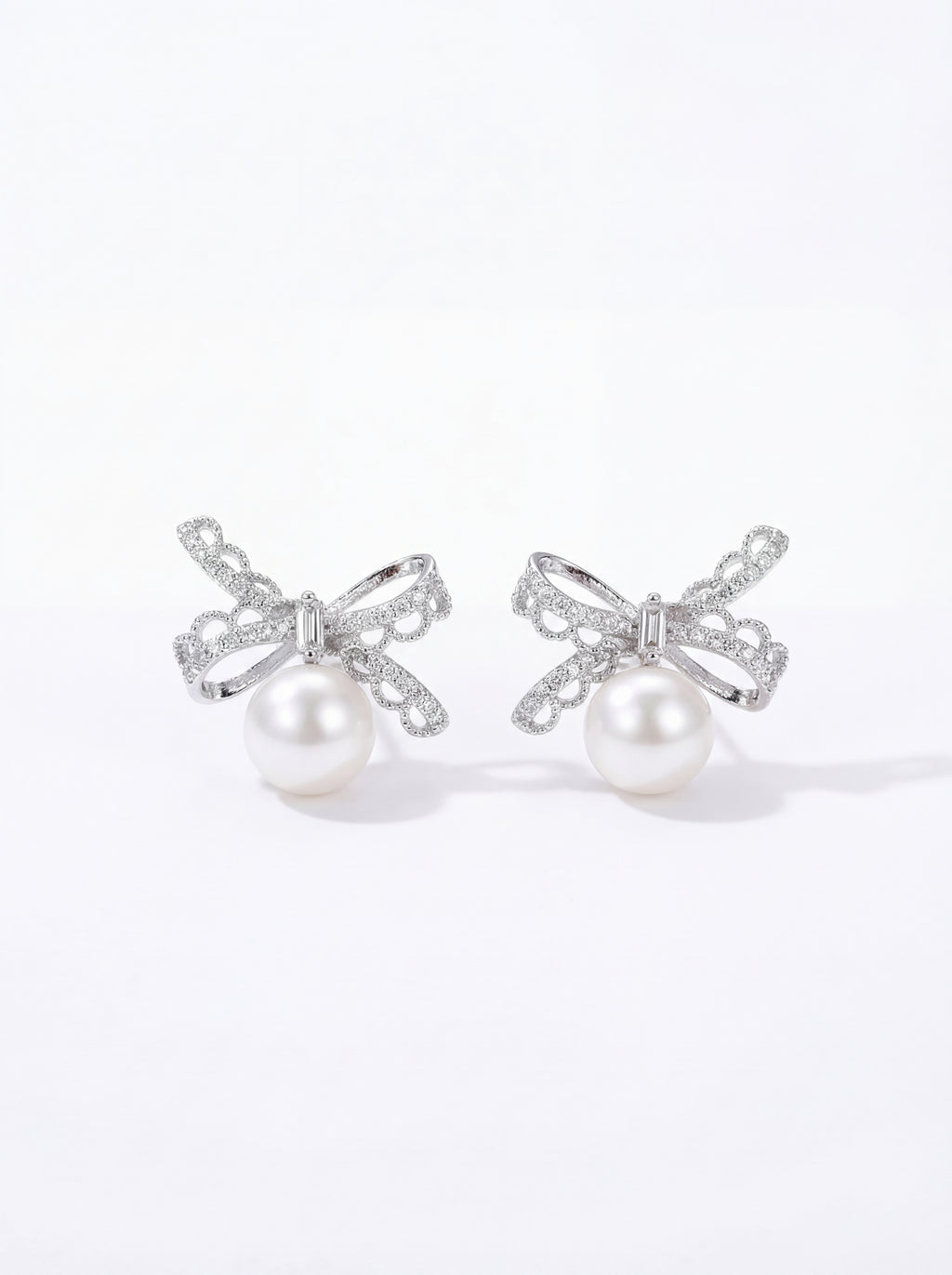 "Crystal Lace Bow" Pearl Drop Earrings