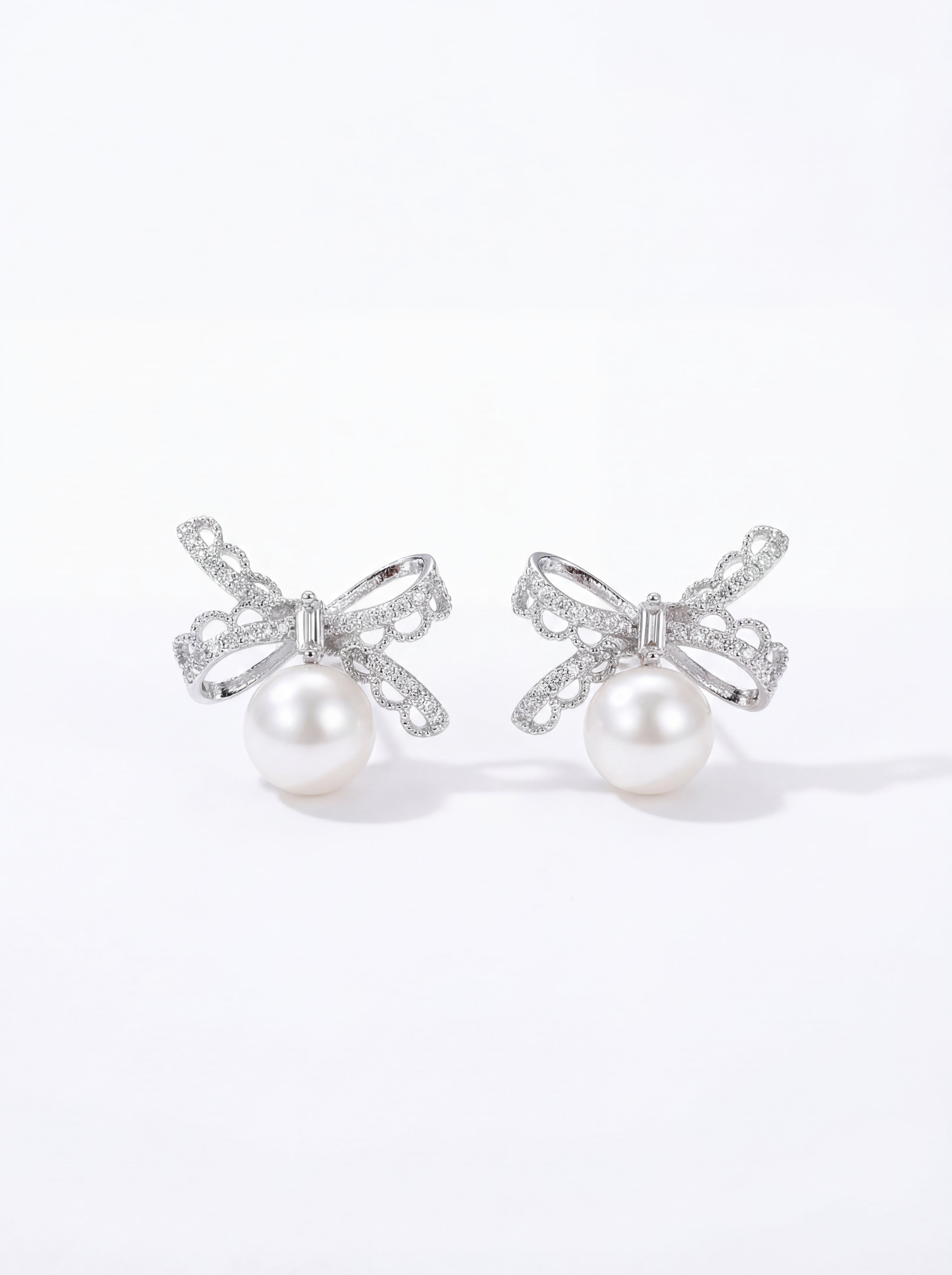 "Crystal Lace Bow" Pearl Drop Earrings