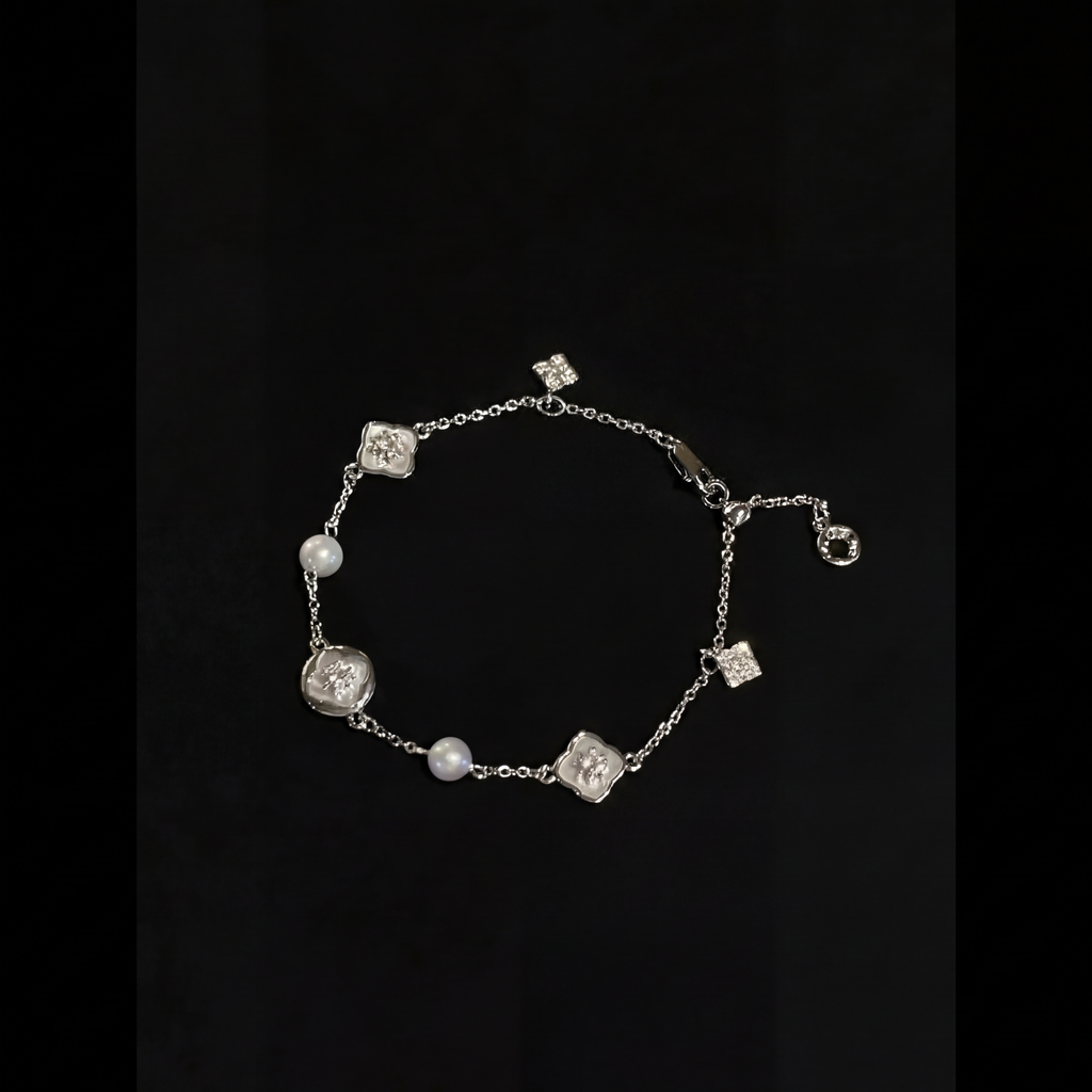 "Crystal Bloom" Delicate Pearl & Silver Bracelet