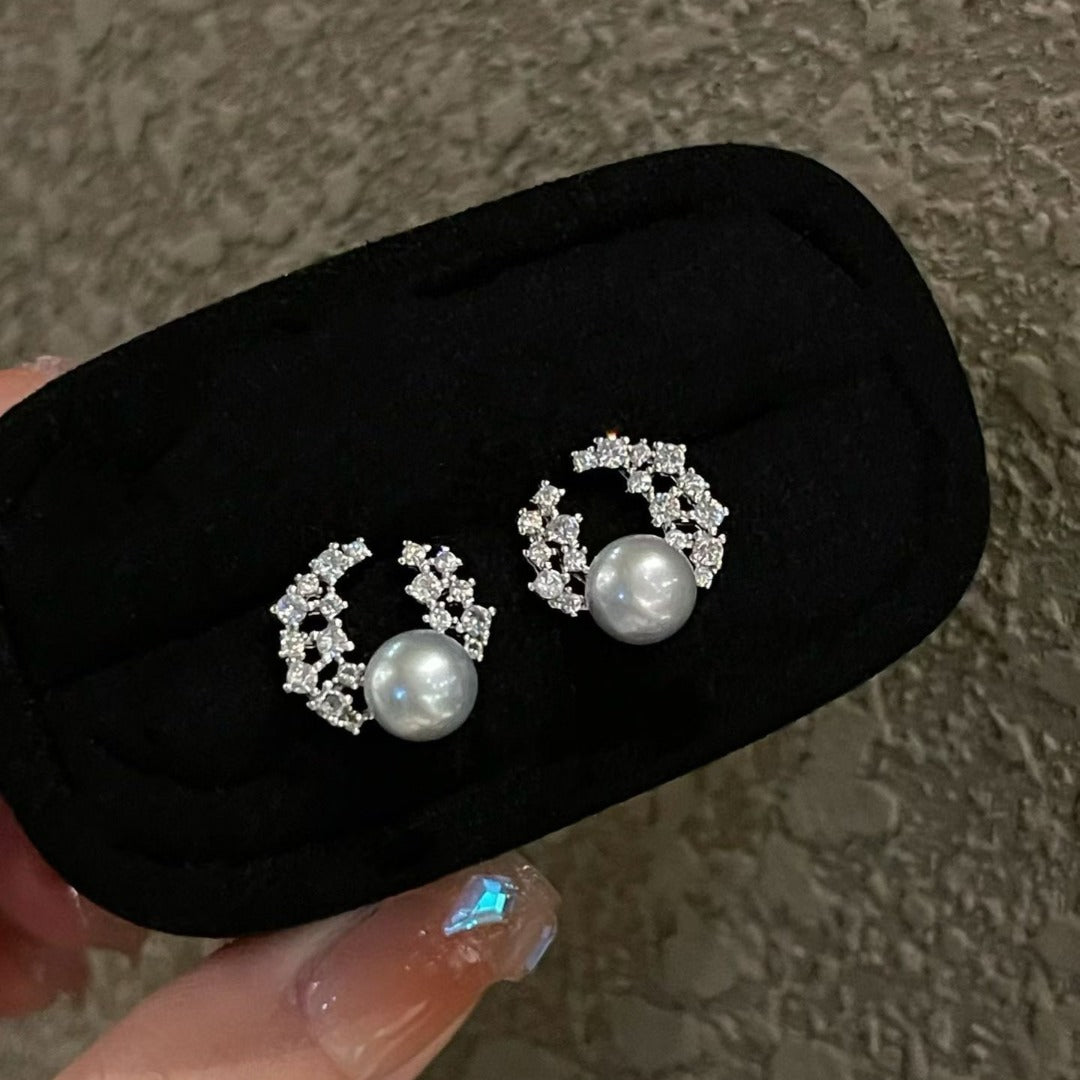 "Starlight Crescent" Pave Pearl Stud Earrings