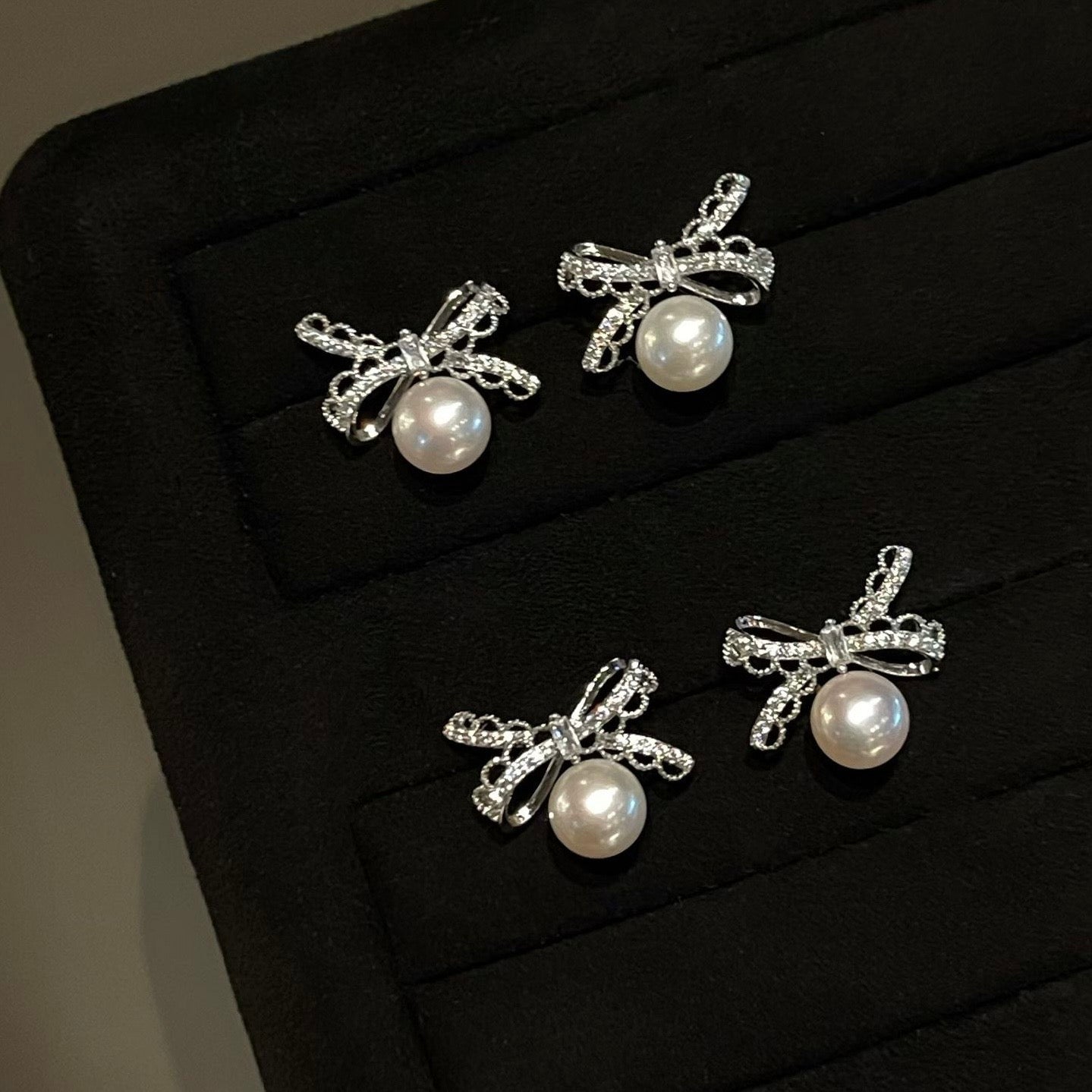 "Crystal Lace Bow" Pearl Drop Earrings