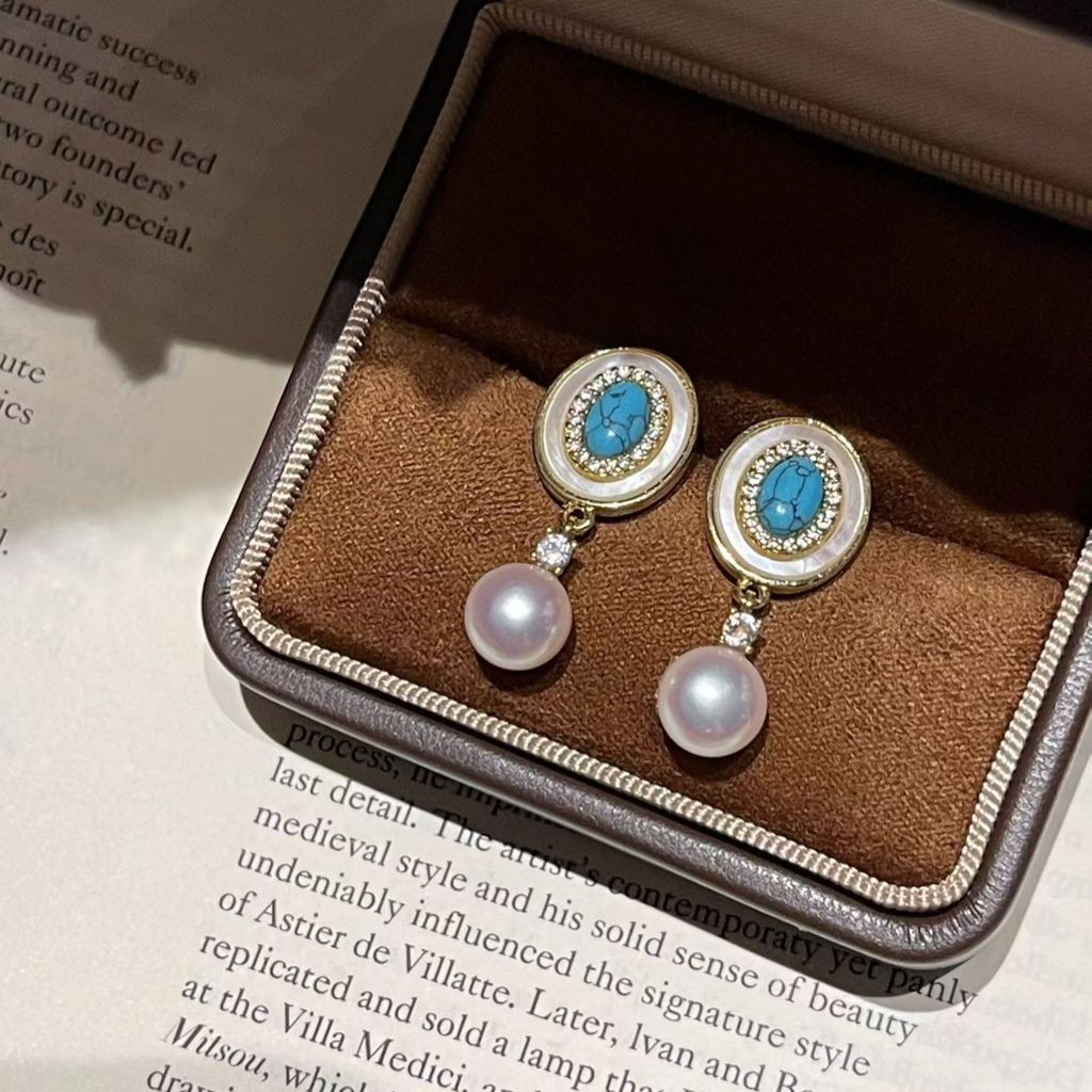"Vintage Azure" Turquoise & Pearl Drop Earrings