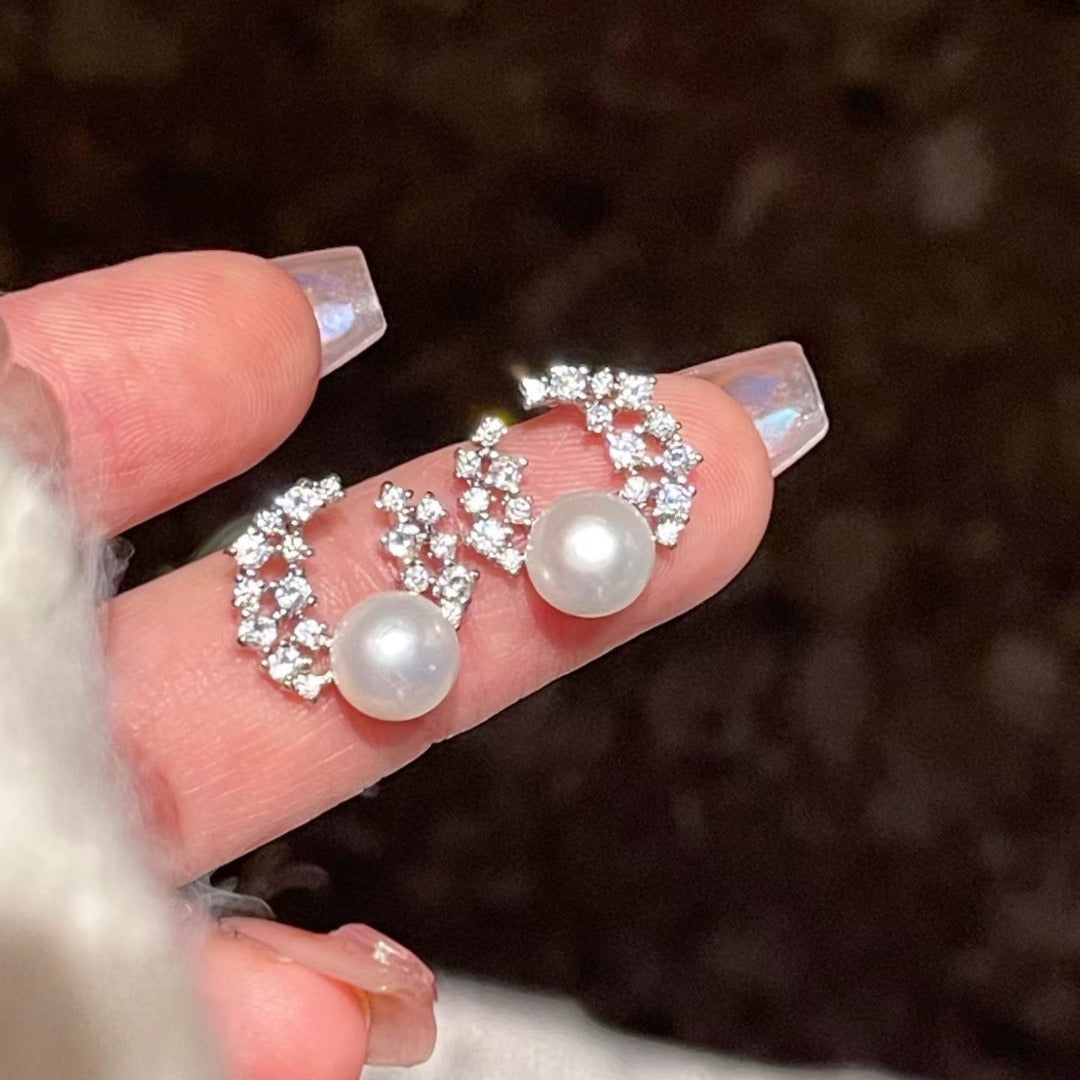 "Starlight Crescent" Pave Pearl Stud Earrings