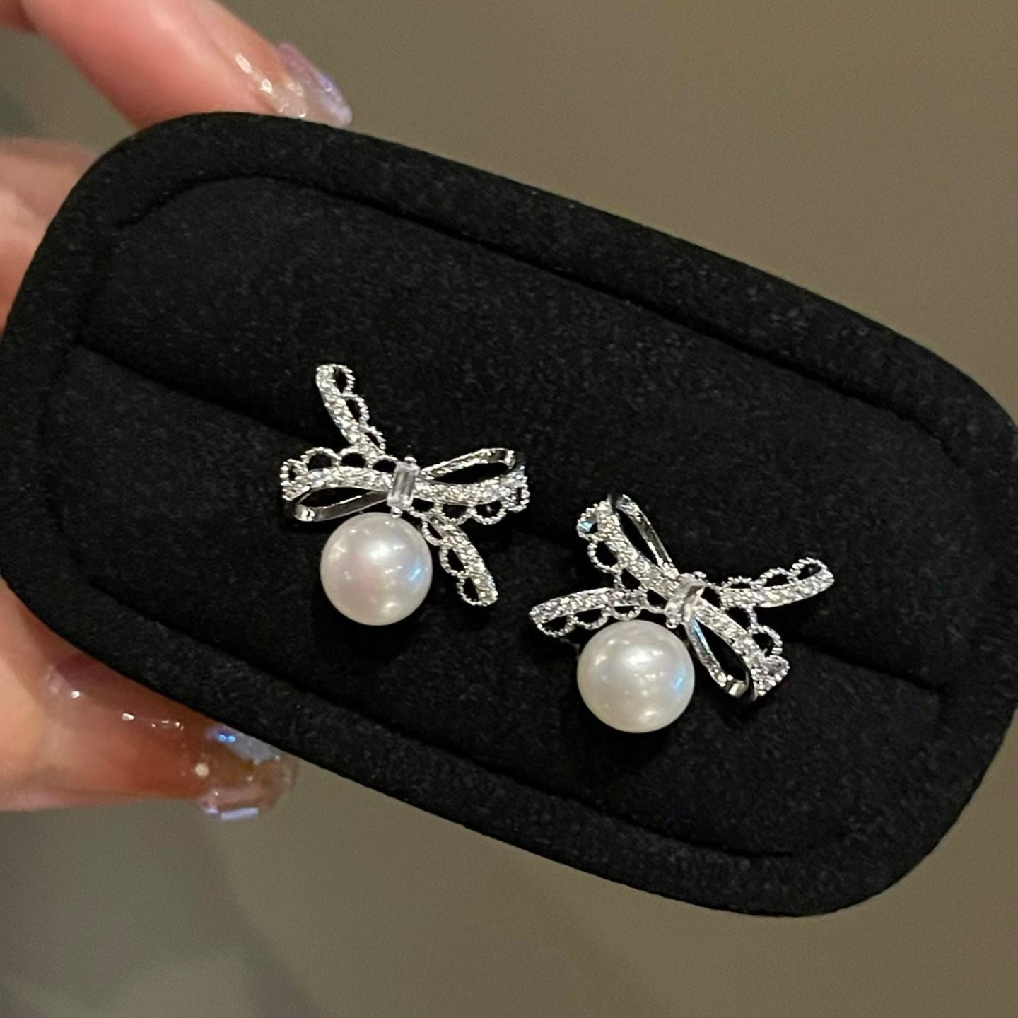 "Crystal Lace Bow" Pearl Drop Earrings