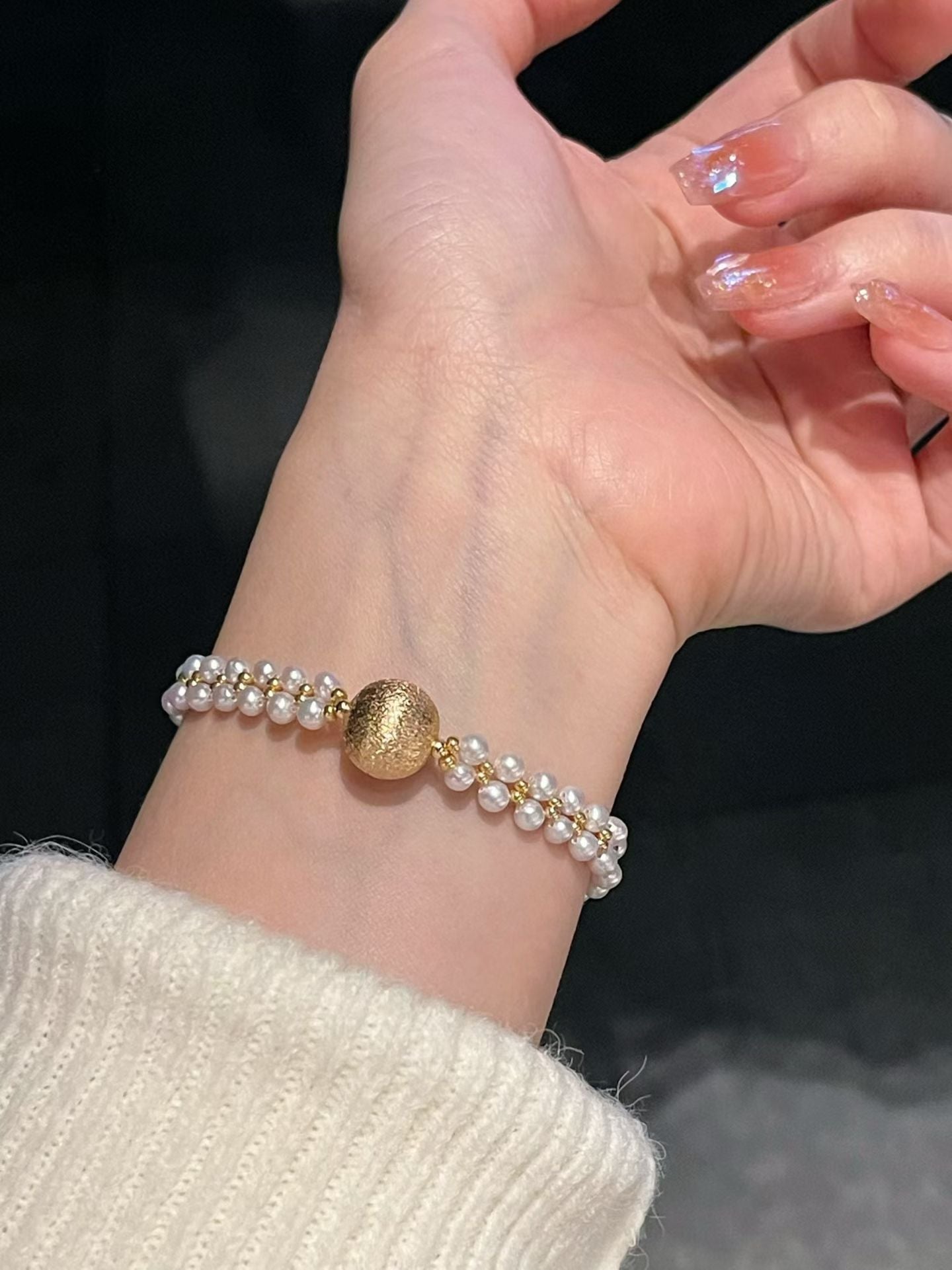 "Aurelia" Textured Gold-Tone & Double-Strand Pearl Bracelet