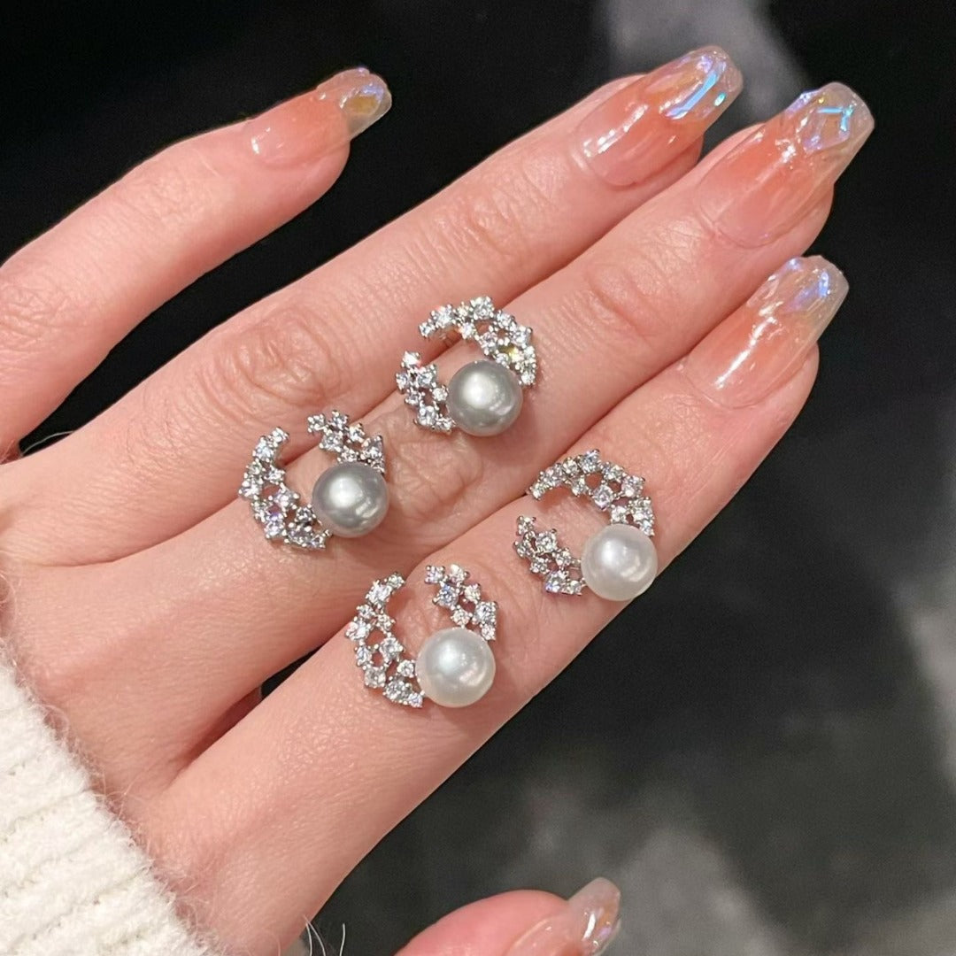 "Starlight Crescent" Pave Pearl Stud Earrings