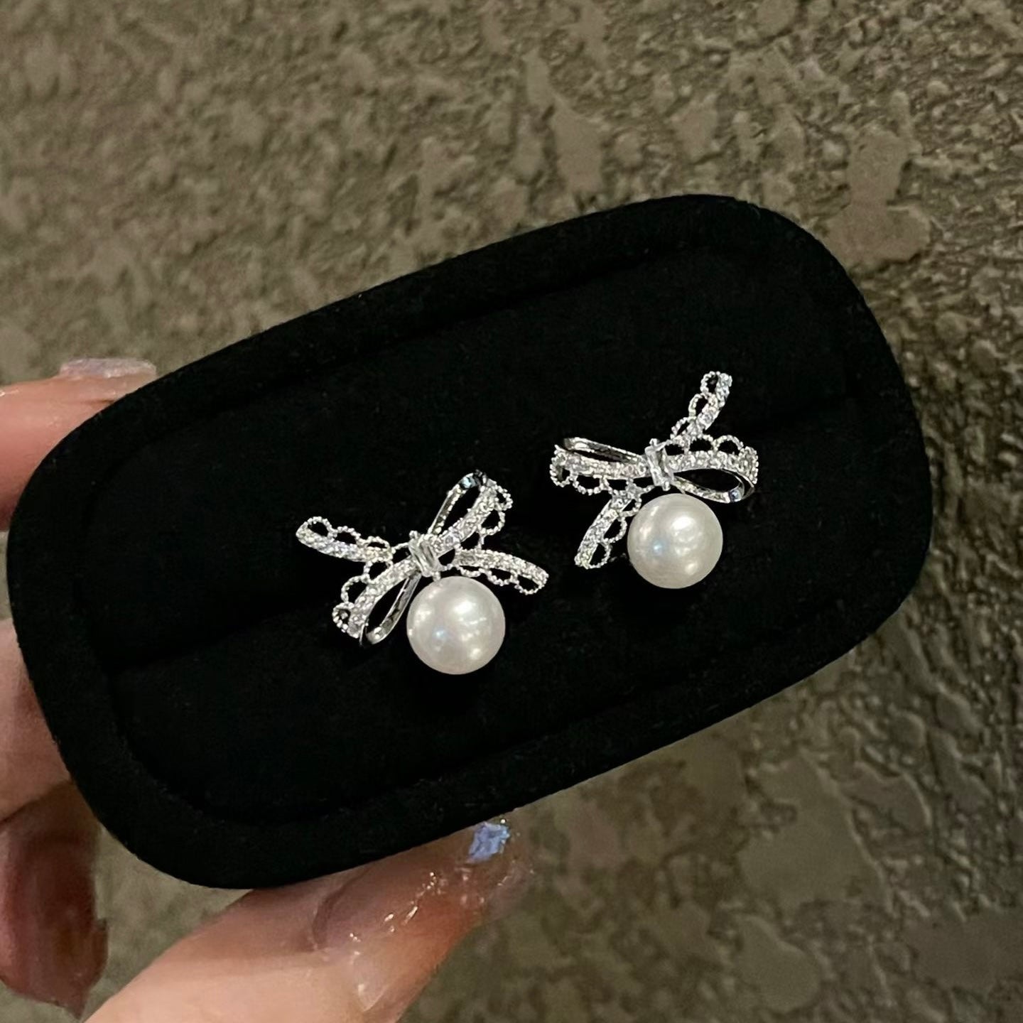 "Crystal Lace Bow" Pearl Drop Earrings