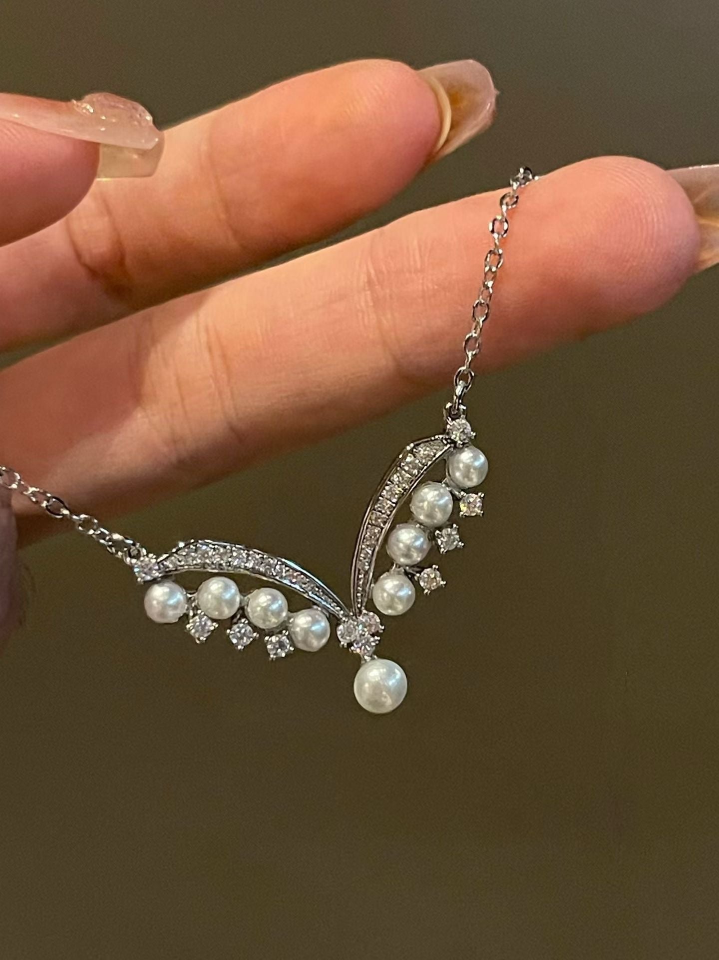 "Celestial Wings" V-Line Pearl Pendant Necklace