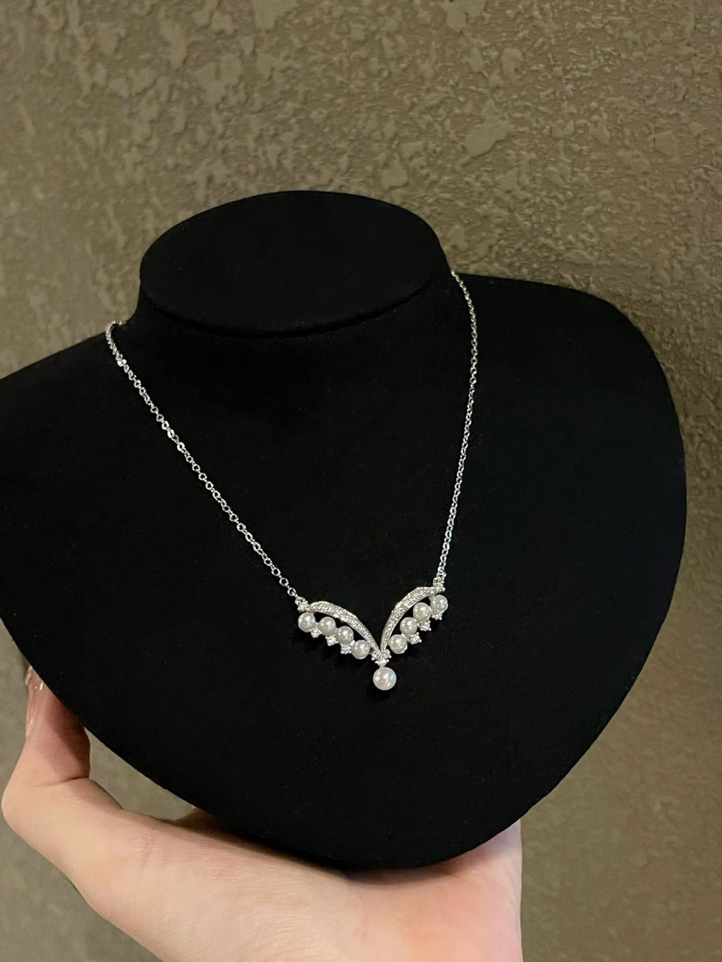 "Celestial Wings" V-Line Pearl Pendant Necklace